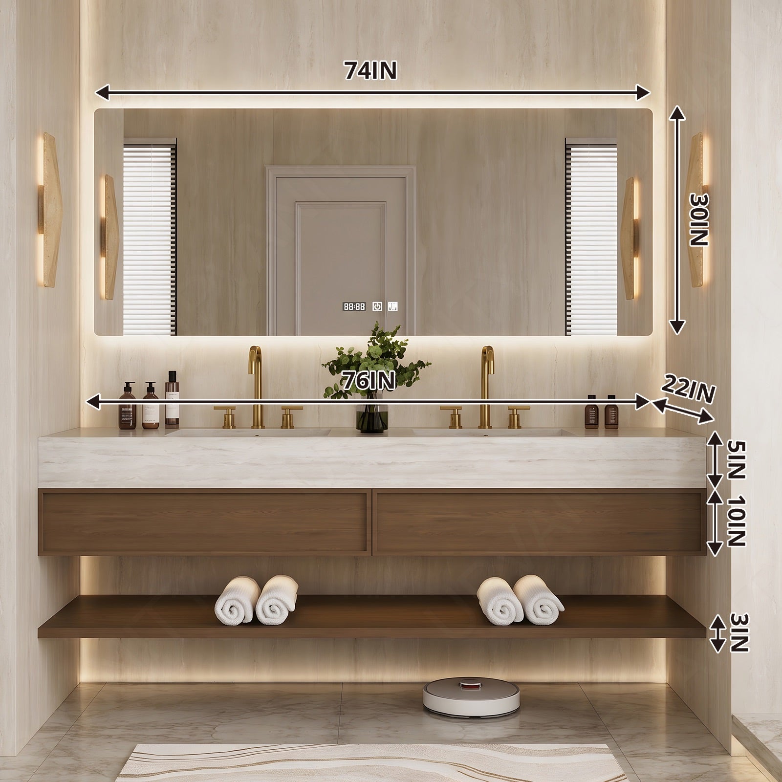 Modern Bath Vanity Set, Brown, Beige Travertine Top, 52 "-78", Double, Floating, Open Storage, Smart LED Mirror