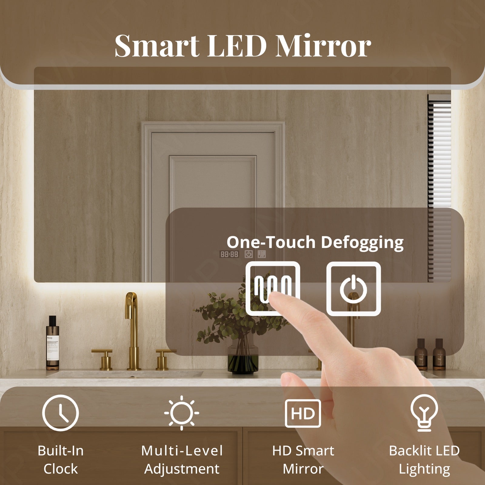 Modern Bath Vanity Set, Brown, Beige Travertine Top, 52 "-78", Double, Floating, Open Storage, Smart LED Mirror