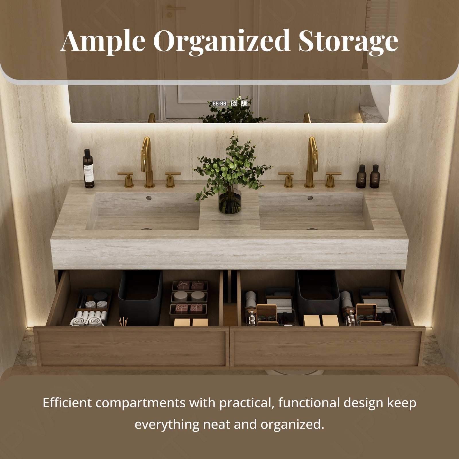 Modern Bath Vanity Set, Brown, Beige Travertine Top, 52 "-78", Double, Floating, Open Storage, Smart LED Mirror