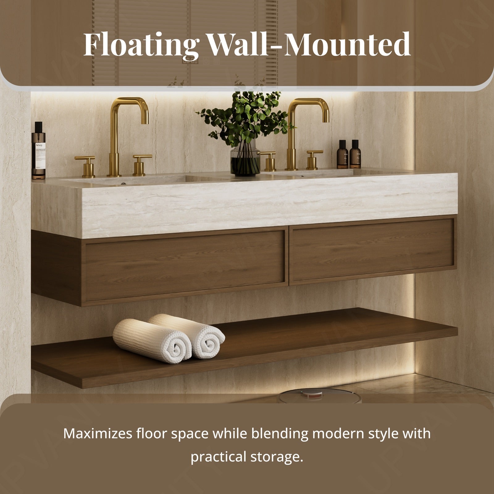 Modern Bath Vanity Set, Brown, Beige Travertine Top, 52 "-78", Double, Floating, Open Storage, Smart LED Mirror