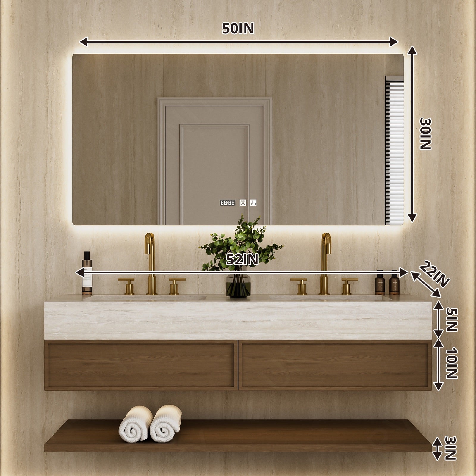 Modern Bath Vanity Set, Brown, Beige Travertine Top, 52 "-78", Double, Floating, Open Storage, Smart LED Mirror