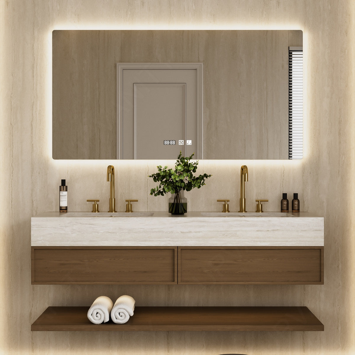 Modern Bath Vanity Set, Brown, Beige Travertine Top, 52 "-78", Double, Floating, Open Storage, Smart LED Mirror