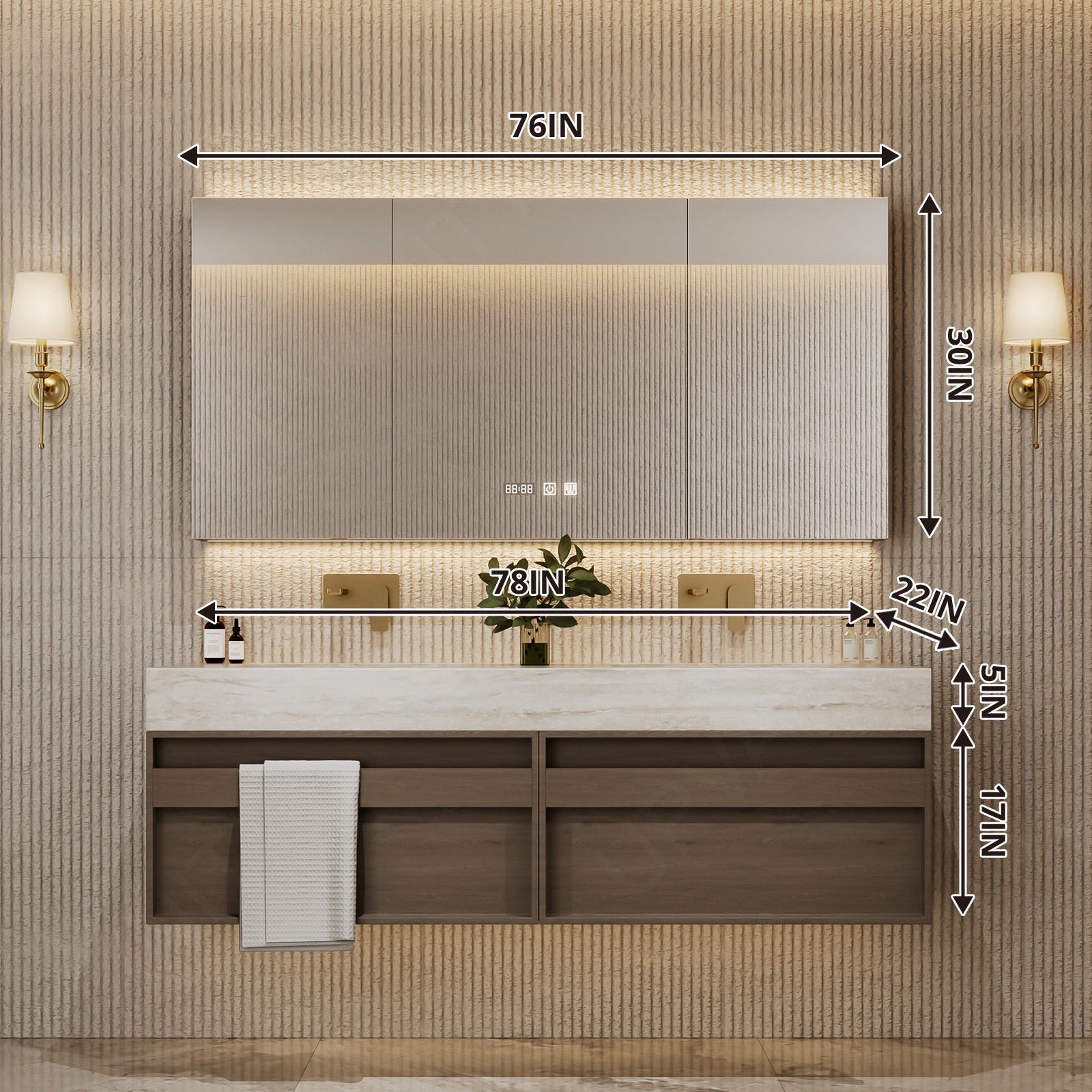 Modern Bath Vanity Set, Brown, Beige Travertine Top, 52"-78", Double, Floating, Smart LED Mirror, Rear Cabinet, Towel Rack