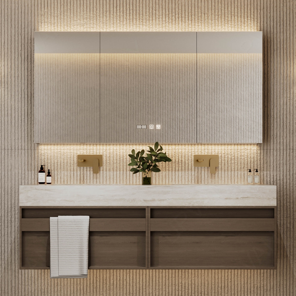 Modern Bath Vanity Set, Brown, Beige Travertine Top, 52"-78", Double, Floating, Smart LED Mirror, Rear Cabinet, Towel Rack