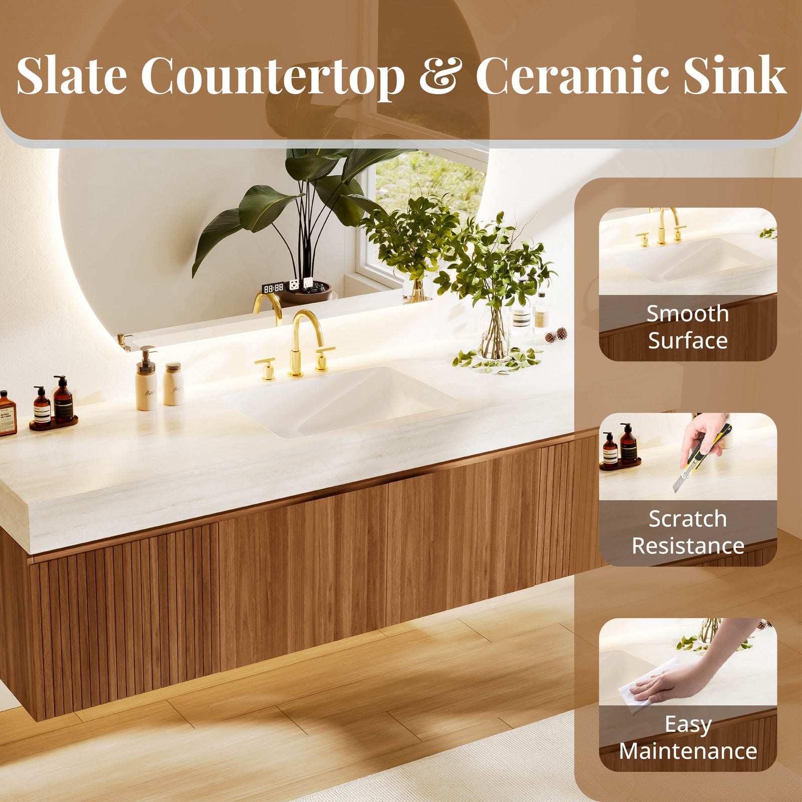 Modern Bath Vanity Set, Brown, Beige Travertine Top, 72"-104", Single, Floating, Striped Panel, Round Smart LED Mirror