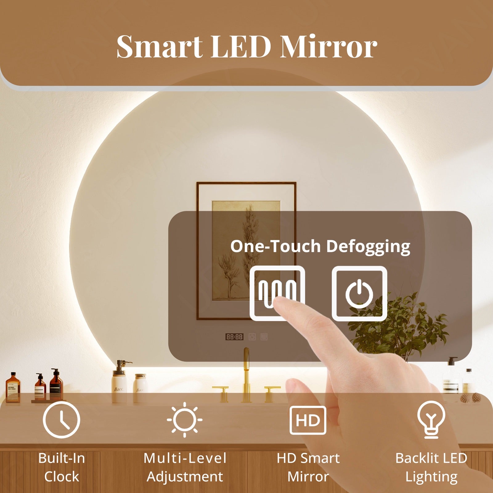 Modern Bath Vanity Set, Brown, Beige Travertine Top, 72"-104", Single, Floating, Striped Panel, Round Smart LED Mirror