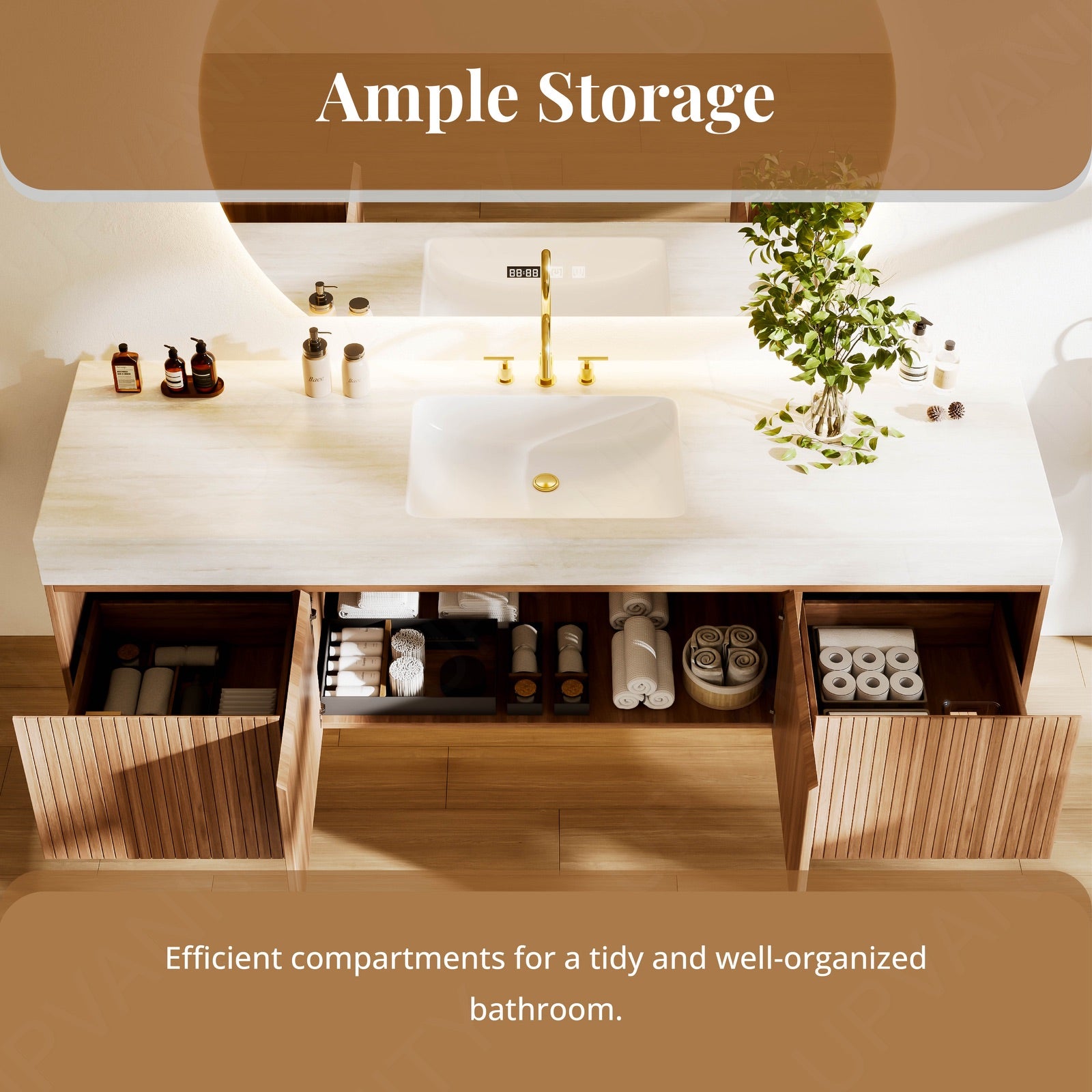 Modern Bath Vanity Set, Brown, Beige Travertine Top, 72"-104", Single, Floating, Striped Panel, Round Smart LED Mirror