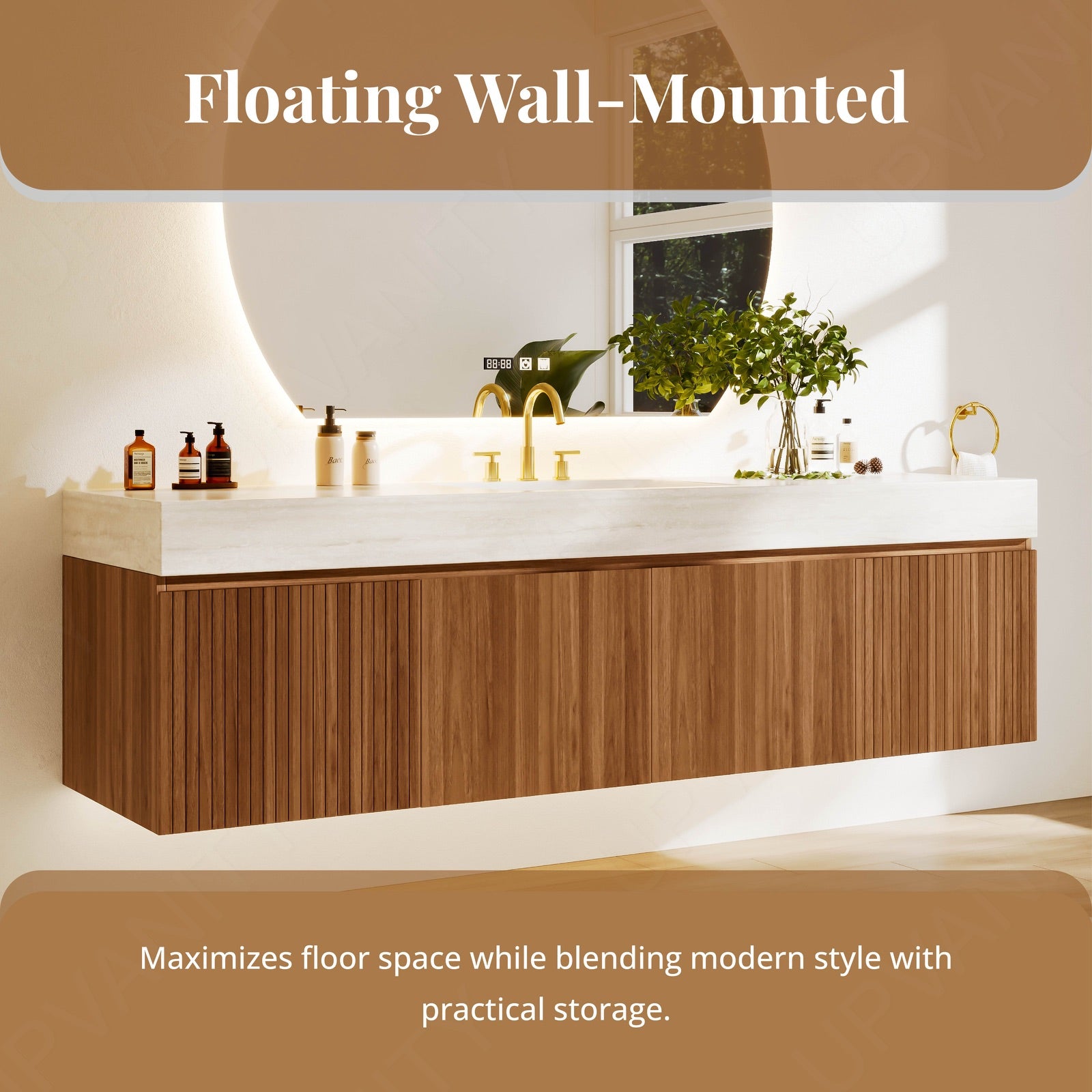 Modern Bath Vanity Set, Brown, Beige Travertine Top, 72"-104", Single, Floating, Striped Panel, Round Smart LED Mirror
