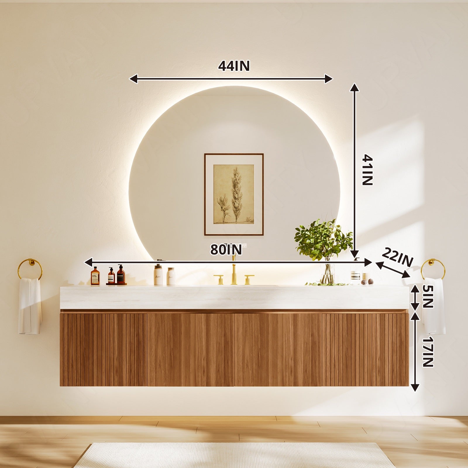 Modern Bath Vanity Set, Brown, Beige Travertine Top, 72"-104", Single, Floating, Striped Panel, Round Smart LED Mirror