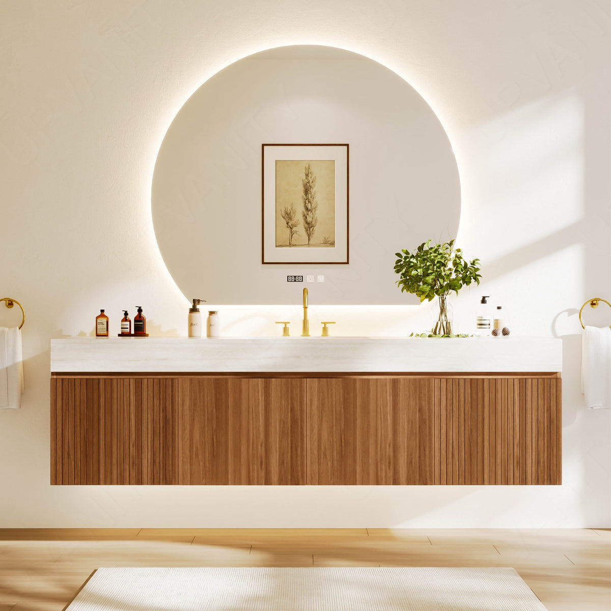 Modern Bath Vanity Set, Brown, Beige Travertine Top, 72"-104", Single, Floating, Striped Panel, Round Smart LED Mirror