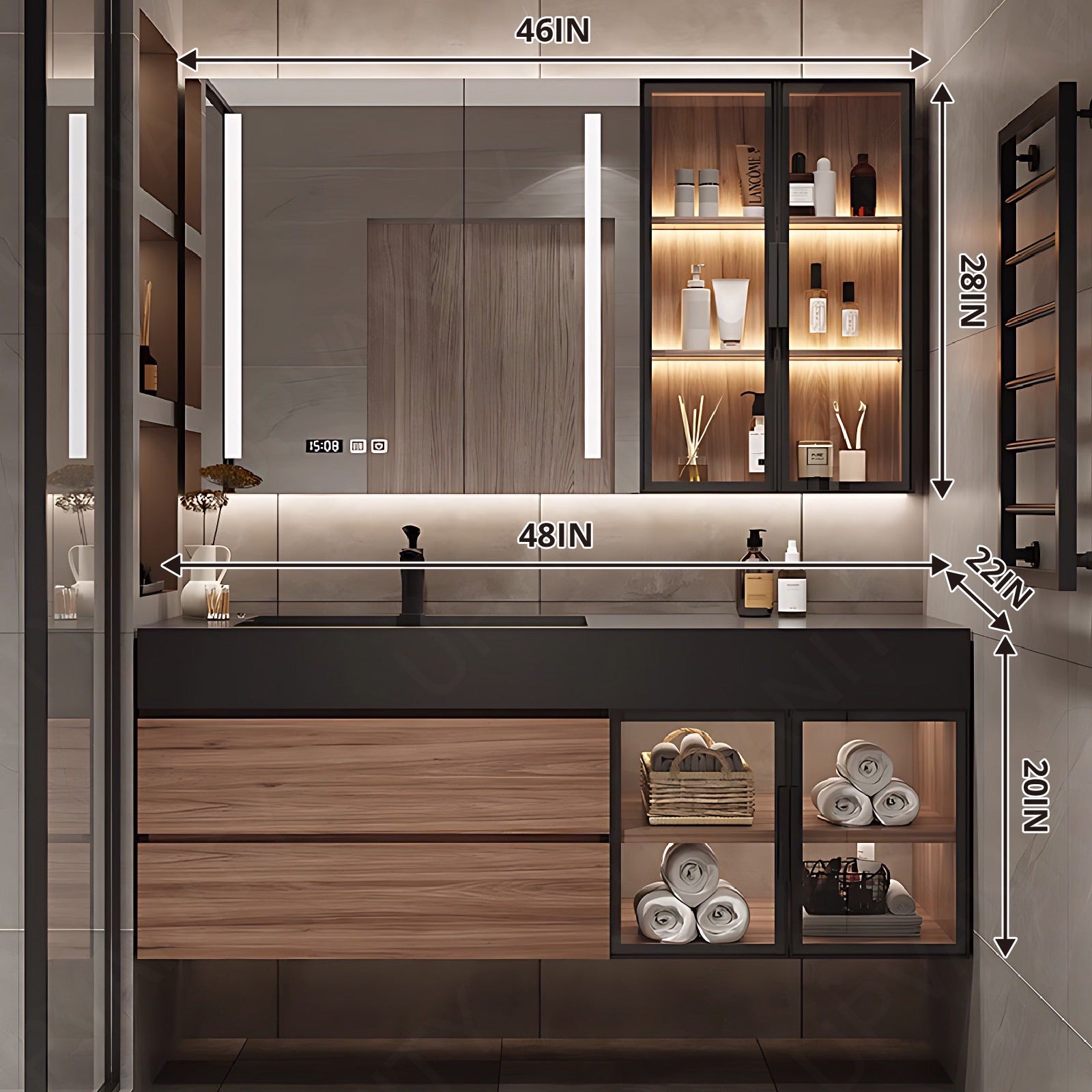 Modern Bath Vanity Set, Brown, Black Countertop, 40"- 64", Single, Floating, Smart LED Mirror, Rear and Side Cabinets