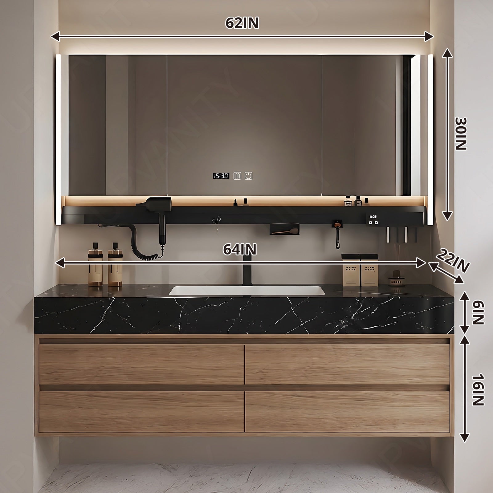Modern Bath Vanity Set, Brown, Black Marble Textured Top, 40"- 72", Single, Floating, Smart LED Mirror, Rear Cabinet, Storage Rack