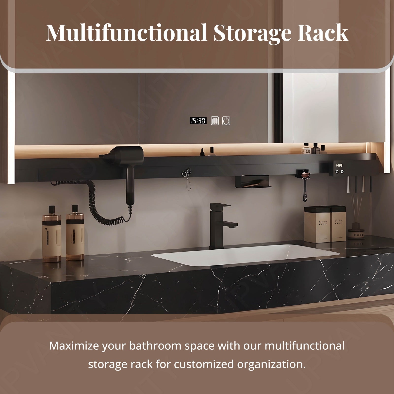 Modern Bath Vanity Set, Brown, Black Marble Textured Top, 40"- 72", Single, Floating, Smart LED Mirror, Rear Cabinet, Storage Rack