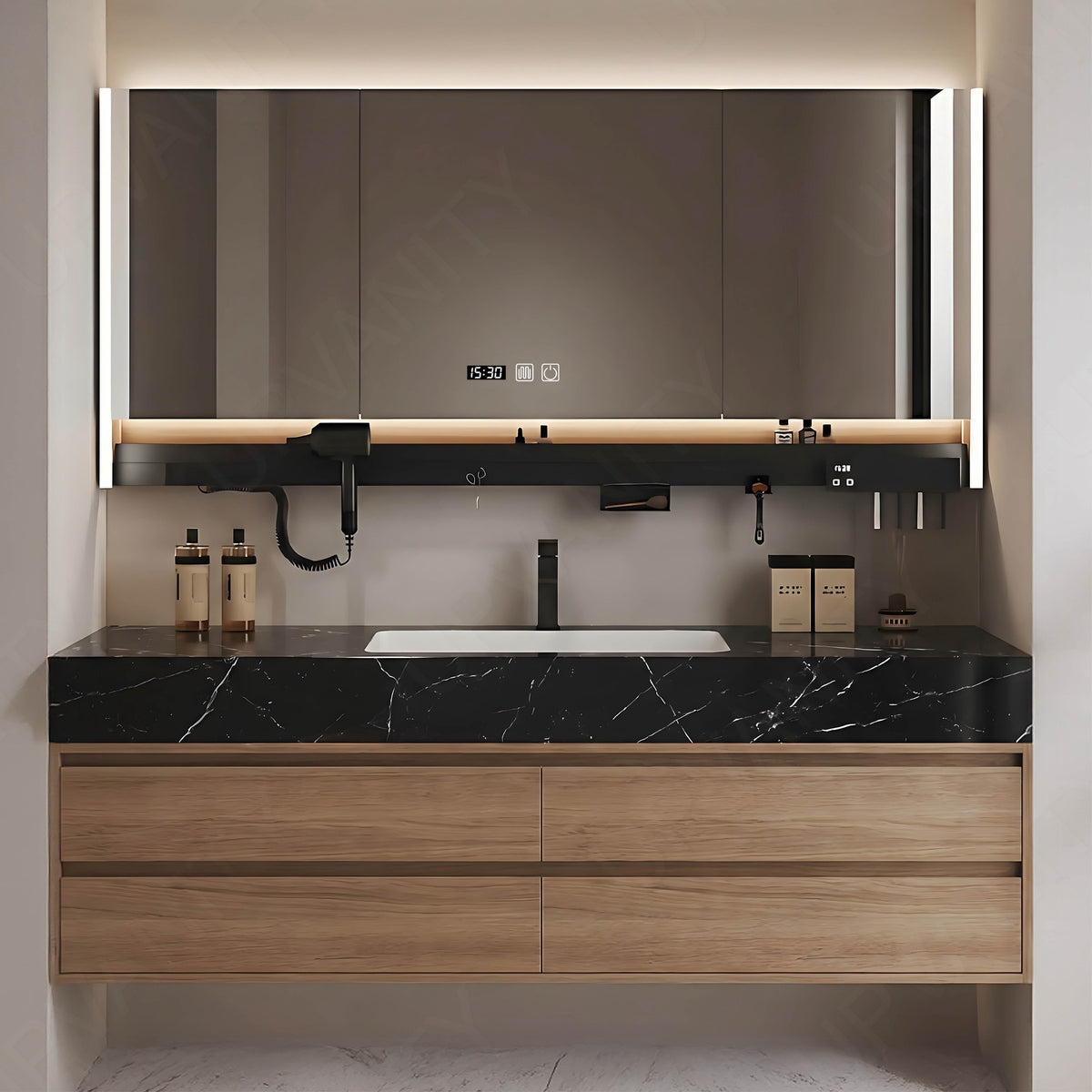 Modern Bath Vanity Set, Brown, Black Marble Textured Top, 40"- 72", Single, Floating, Smart LED Mirror, Rear Cabinet, Storage Rack