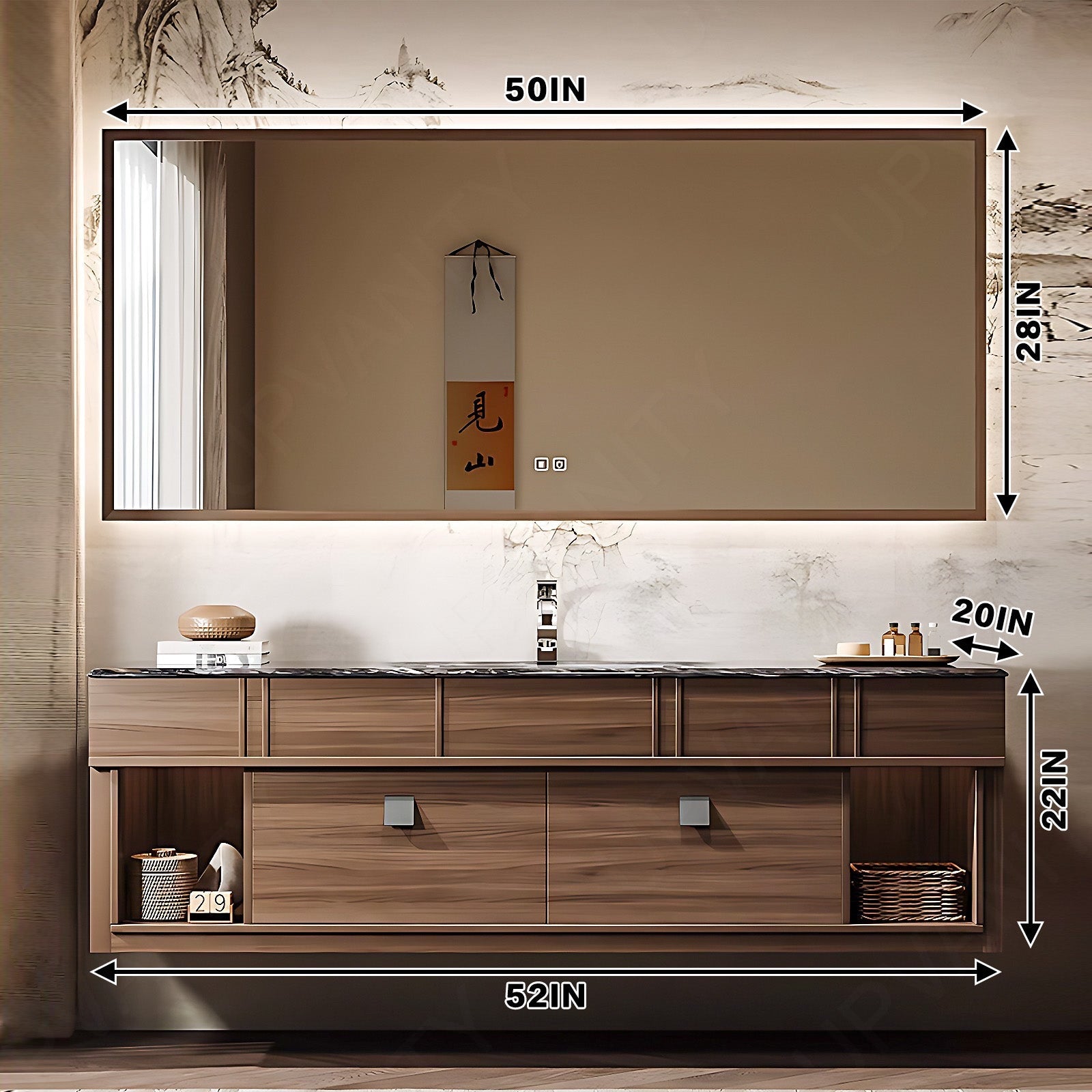 Modern Bath Vanity Set, Brown, Black Marble Textured Top, Sectional Storage, 52"- 72", Single, Floating, Smart LED Mirror