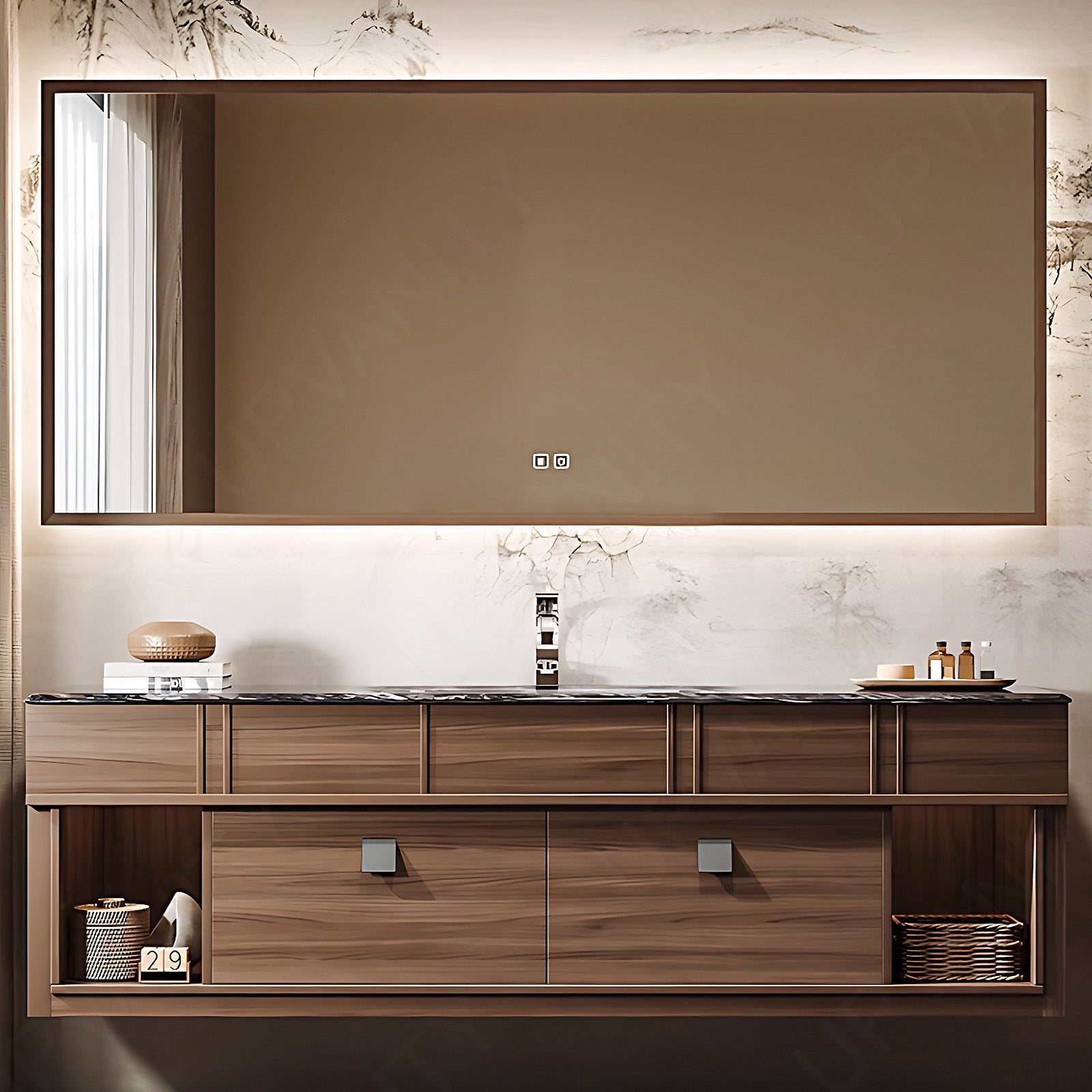 Modern Bath Vanity Set, Brown, Black Marble Textured Top, Sectional Storage, 52"- 72", Single, Floating, Smart LED Mirror