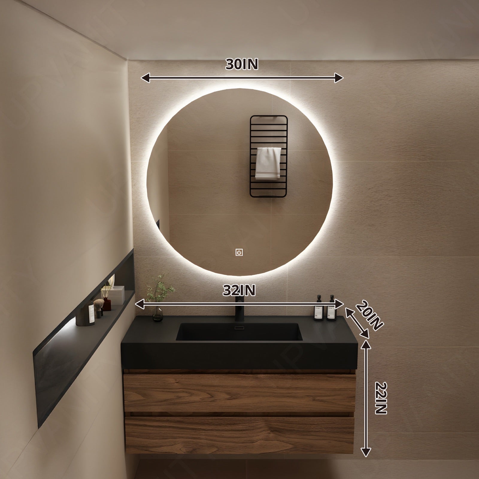 Modern Bath Vanity Set, Brown, Black Slate Top, 32"-36", Single, Floating, Round Smart Mirror