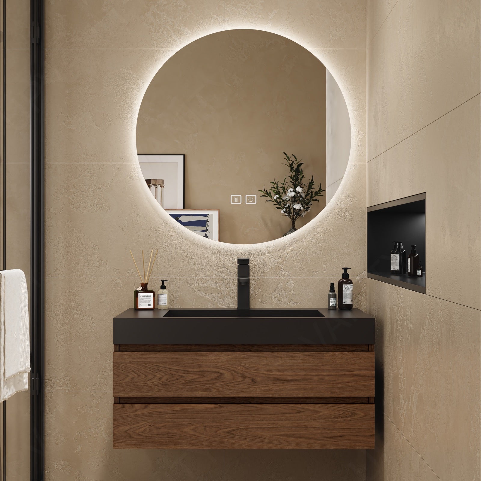 Modern Bath Vanity Set, Brown, Black Slate Top, 32"-36", Single, Floating, Round Smart Mirror
