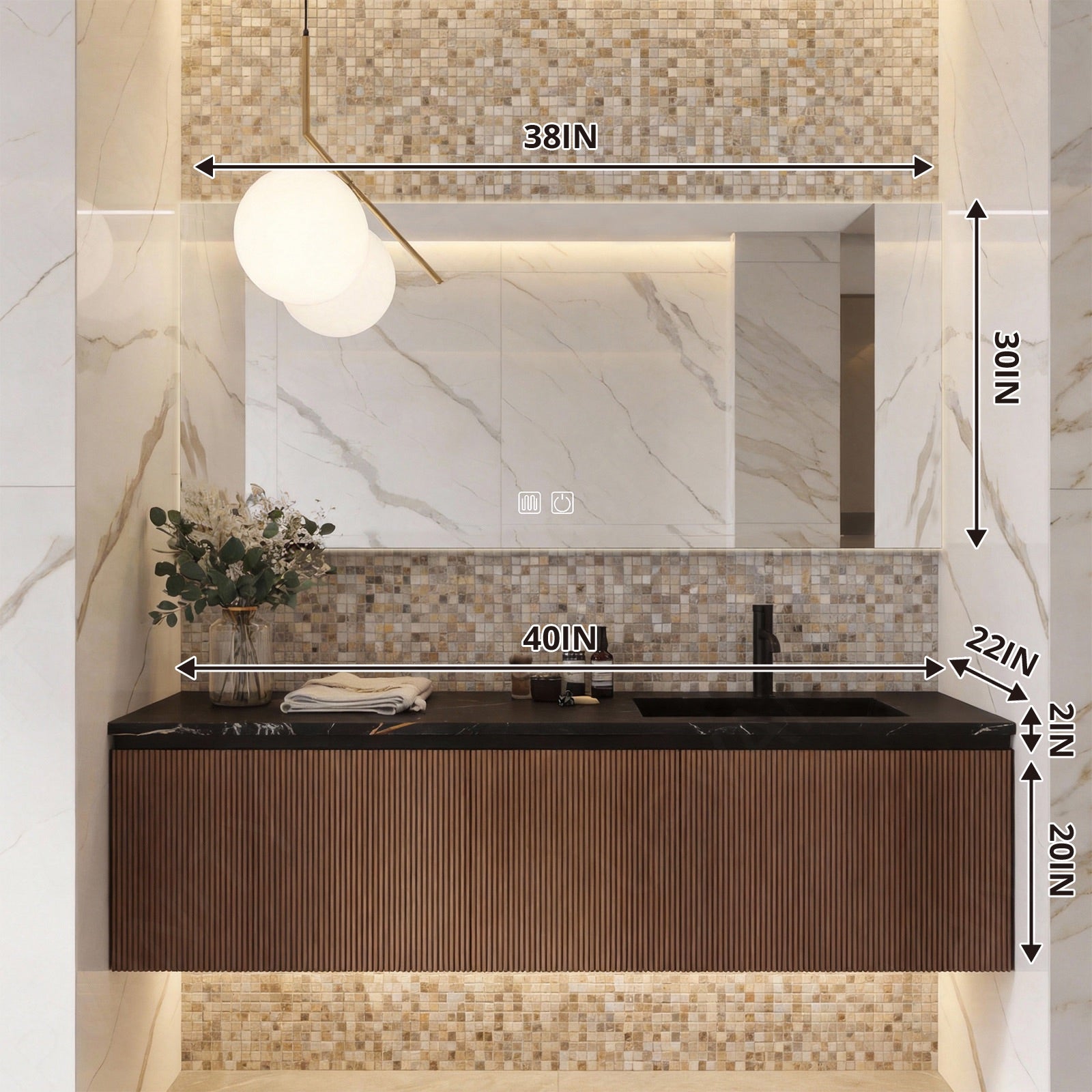 Modern Bath Vanity Set, Brown, Black Slate Top, 40"-56", Fluted Panel, Single, Floating, Smart LED Mirror, Rear Cabinet
