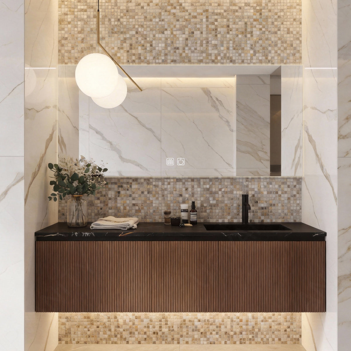 Modern Bath Vanity Set, Brown, Black Slate Top, 40"-56", Fluted Panel, Single, Floating, Smart LED Mirror, Rear Cabinet