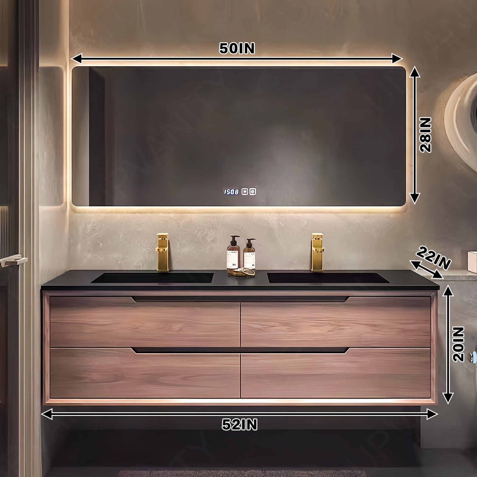 Modern Bath Vanity Set, Brown, Black Slate Top, 52"- 78", Double, Floating, Smart LED Mirror