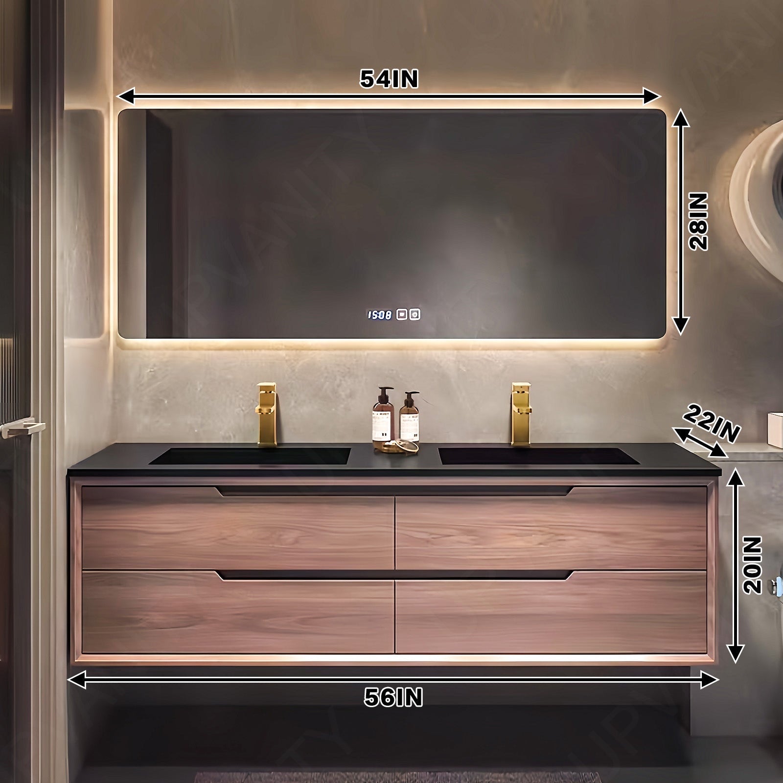 Modern Bath Vanity Set, Brown, Black Slate Top, 52"- 78", Double, Floating, Smart LED Mirror