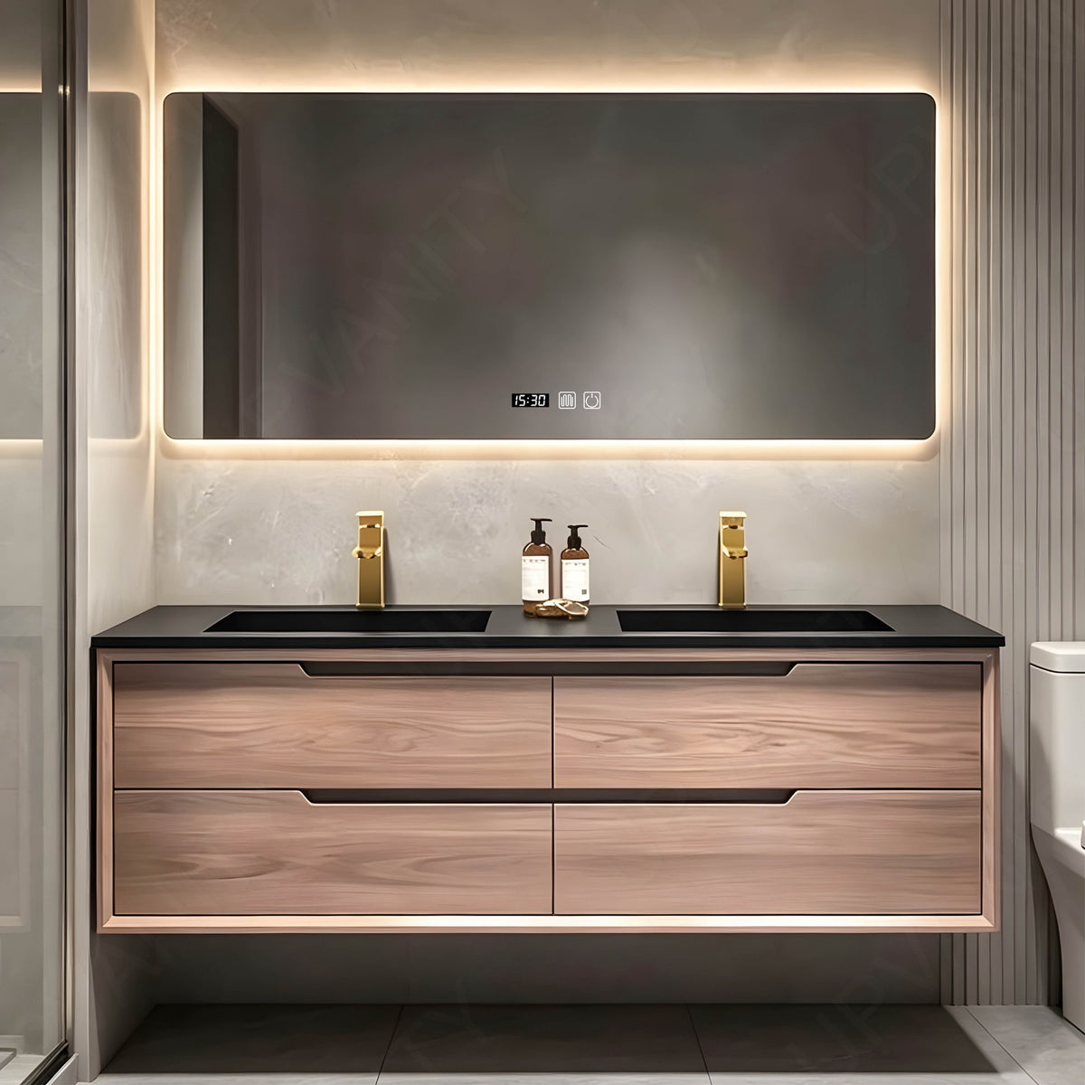 Modern Bath Vanity Set, Brown, Black Slate Top, 52"- 78", Double, Floating, Smart LED Mirror