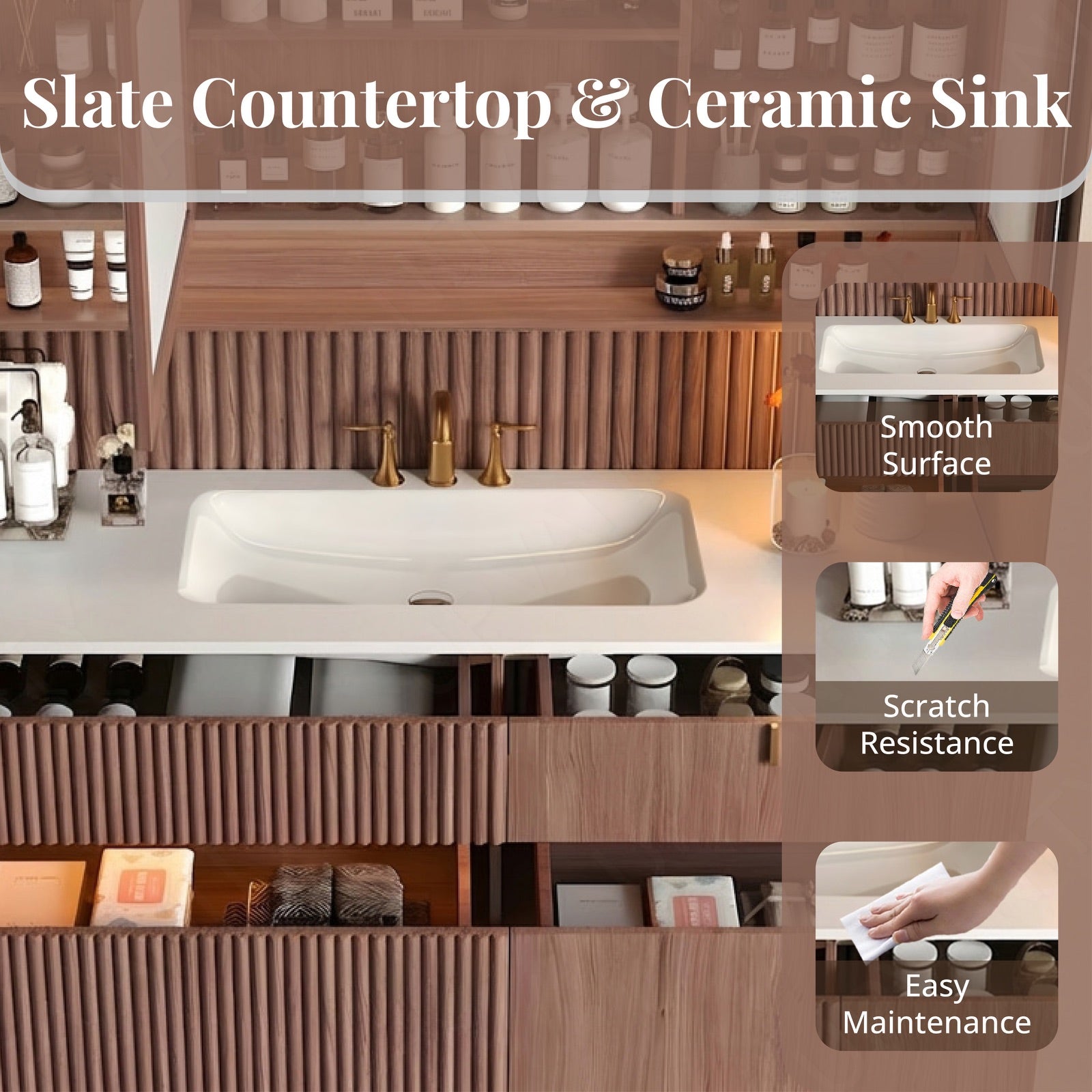 Modern Bath Vanity Set, Brown/Black, White Slate Top, 44"-64", Single, Floating, Fluted Panel, Smart LED Mirror, Rear Cabinet, Sensor Light