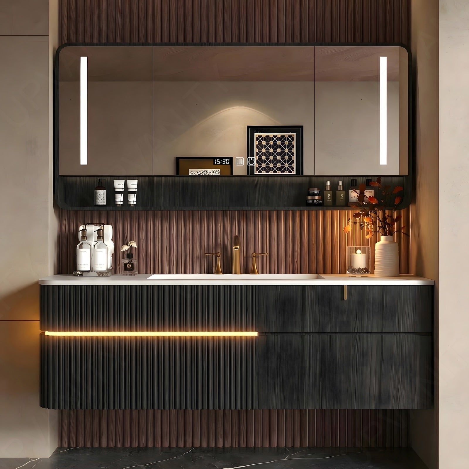 Modern Bath Vanity Set, Brown/Black, White Slate Top, 44"-64", Single, Floating, Fluted Panel, Smart LED Mirror, Rear Cabinet, Sensor Light