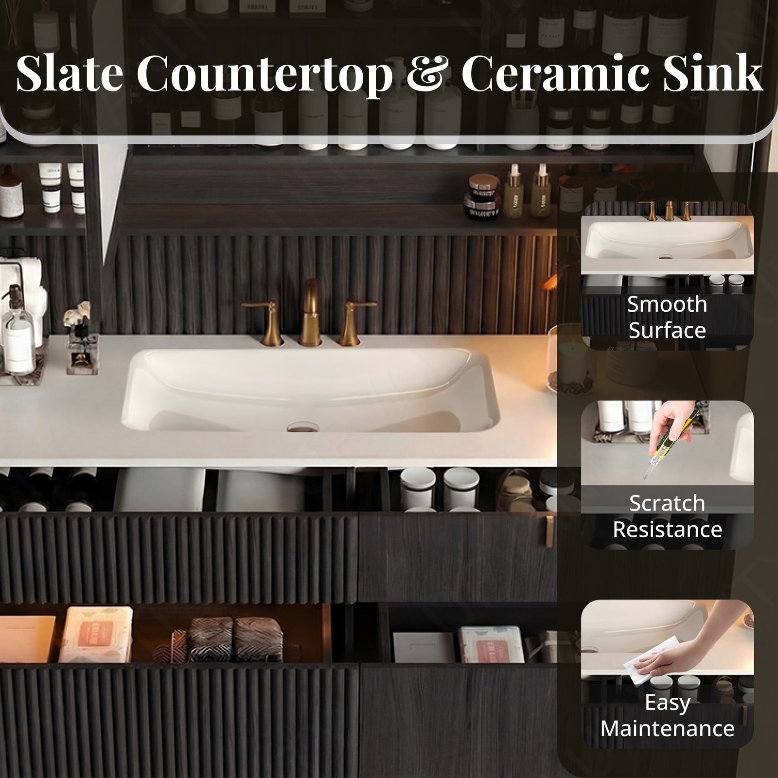 Modern Bath Vanity Set, Brown/Black, White Slate Top, 44"-64", Single, Floating, Fluted Panel, Smart LED Mirror, Rear Cabinet, Sensor Light