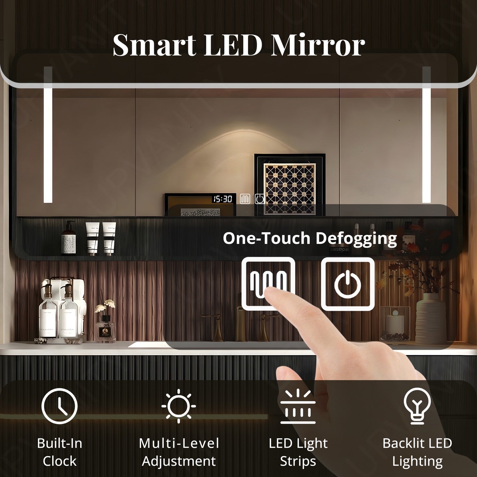 Modern Bath Vanity Set, Brown/Black, White Slate Top, 44"-64", Single, Floating, Fluted Panel, Smart LED Mirror, Rear Cabinet, Sensor Light