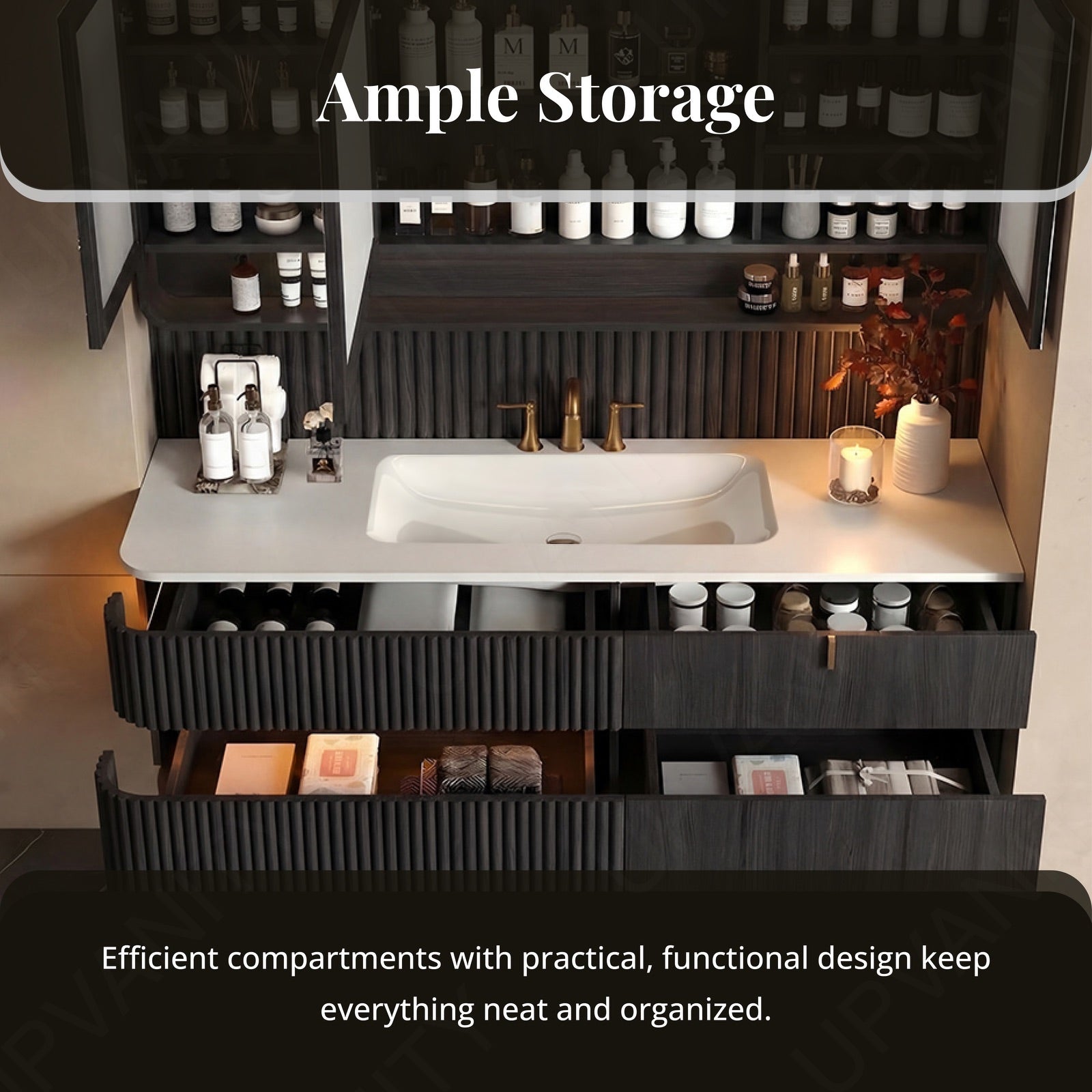 Modern Bath Vanity Set, Brown/Black, White Slate Top, 44"-64", Single, Floating, Fluted Panel, Smart LED Mirror, Rear Cabinet, Sensor Light