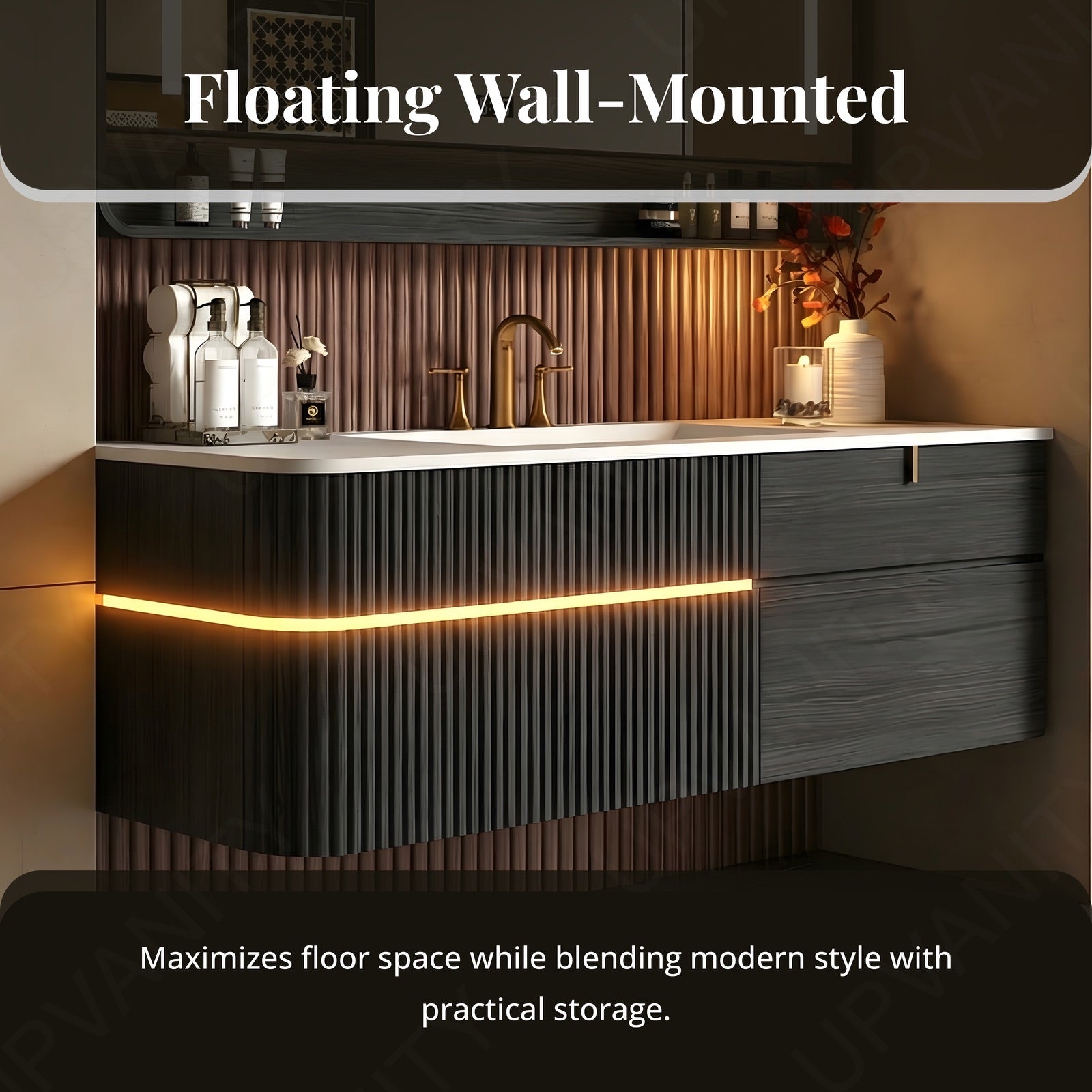 Modern Bath Vanity Set, Brown/Black, White Slate Top, 44"-64", Single, Floating, Fluted Panel, Smart LED Mirror, Rear Cabinet, Sensor Light