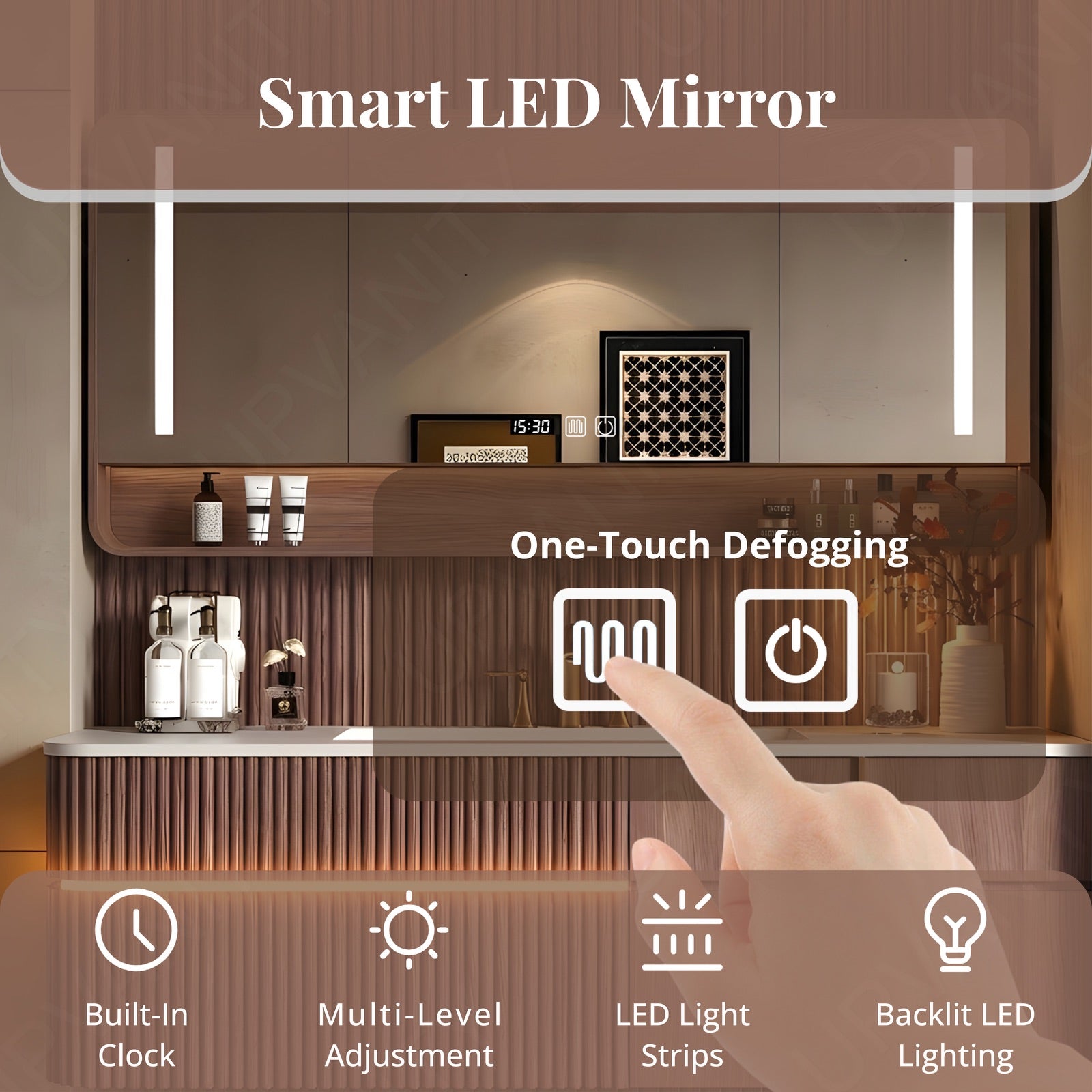 Modern Bath Vanity Set, Brown/Black, White Slate Top, 44"-64", Single, Floating, Fluted Panel, Smart LED Mirror, Rear Cabinet, Sensor Light