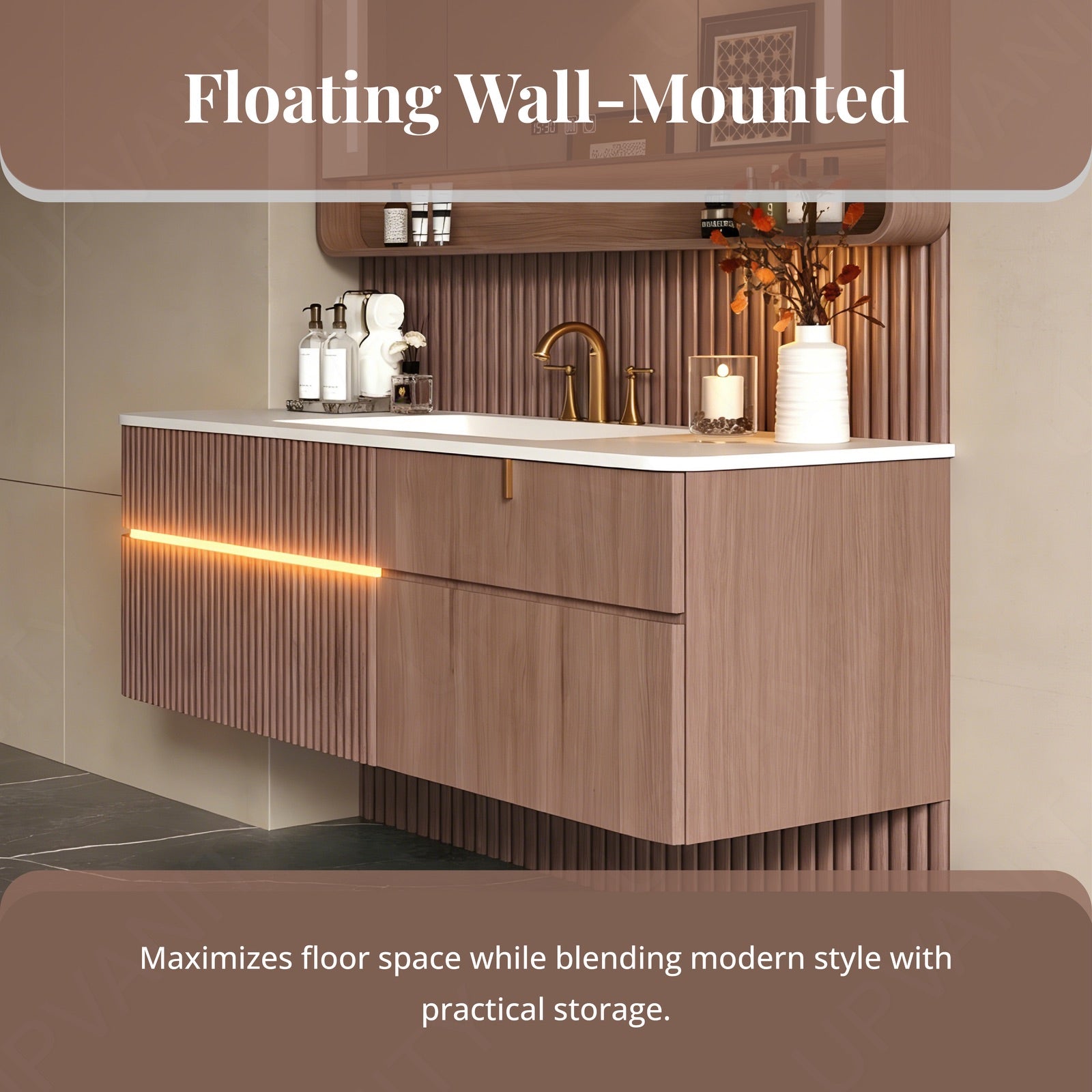 Modern Bath Vanity Set, Brown/Black, White Slate Top, 44"-64", Single, Floating, Fluted Panel, Smart LED Mirror, Rear Cabinet, Sensor Light
