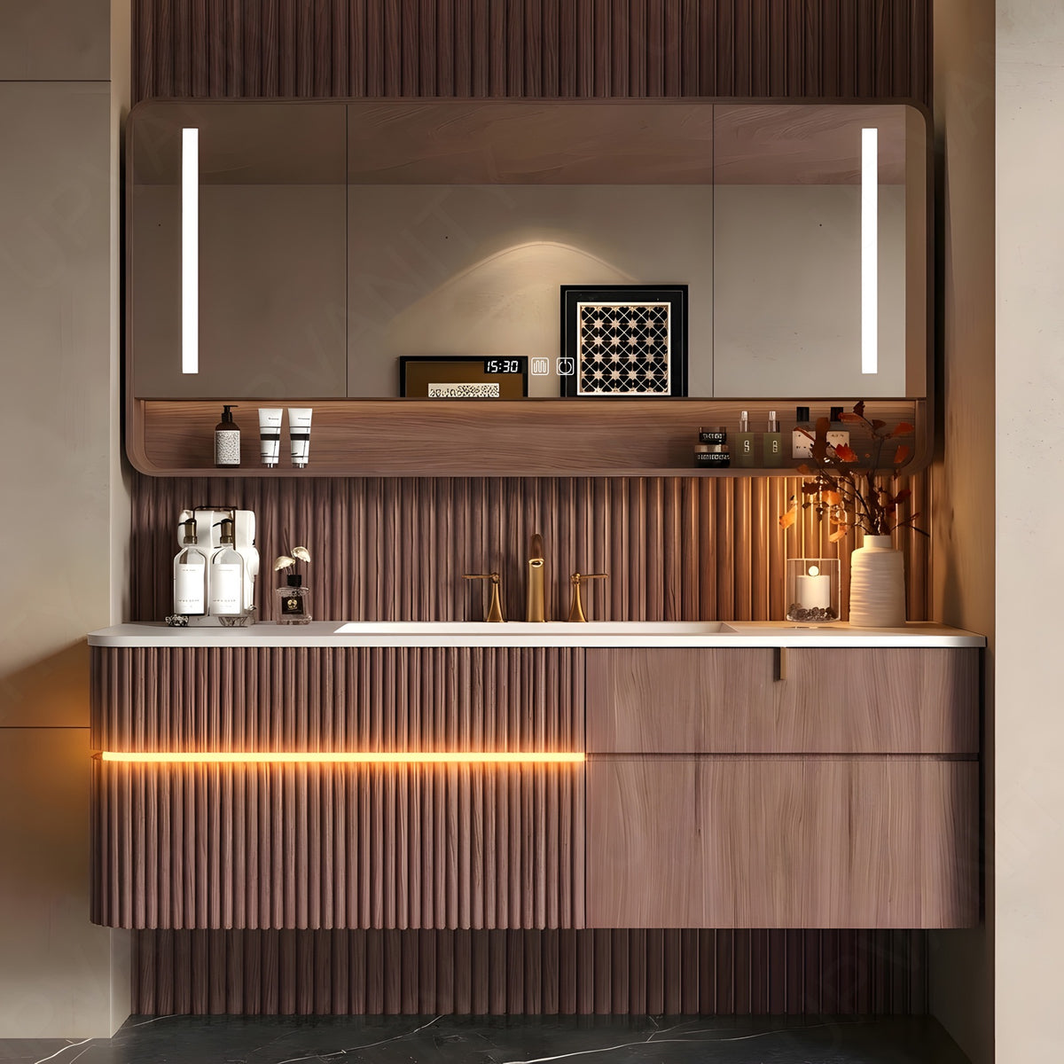 Modern Bath Vanity Set, Brown/Black, White Slate Top, 44"-64", Single, Floating, Fluted Panel, Smart LED Mirror, Rear Cabinet, Sensor Light