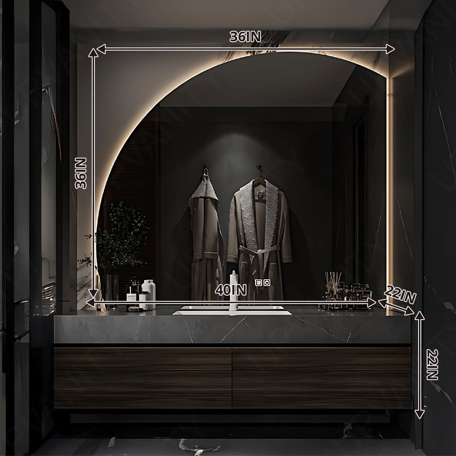 Modern Bath Vanity Set, Brown, Dark Finish, 36"- 60", Single, Floating, Irregular Smart LED Mirror
