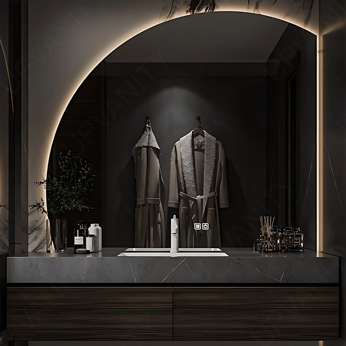 Modern Bath Vanity Set, Brown, Dark Finish, 36"- 60", Single, Floating, Irregular Smart LED Mirror