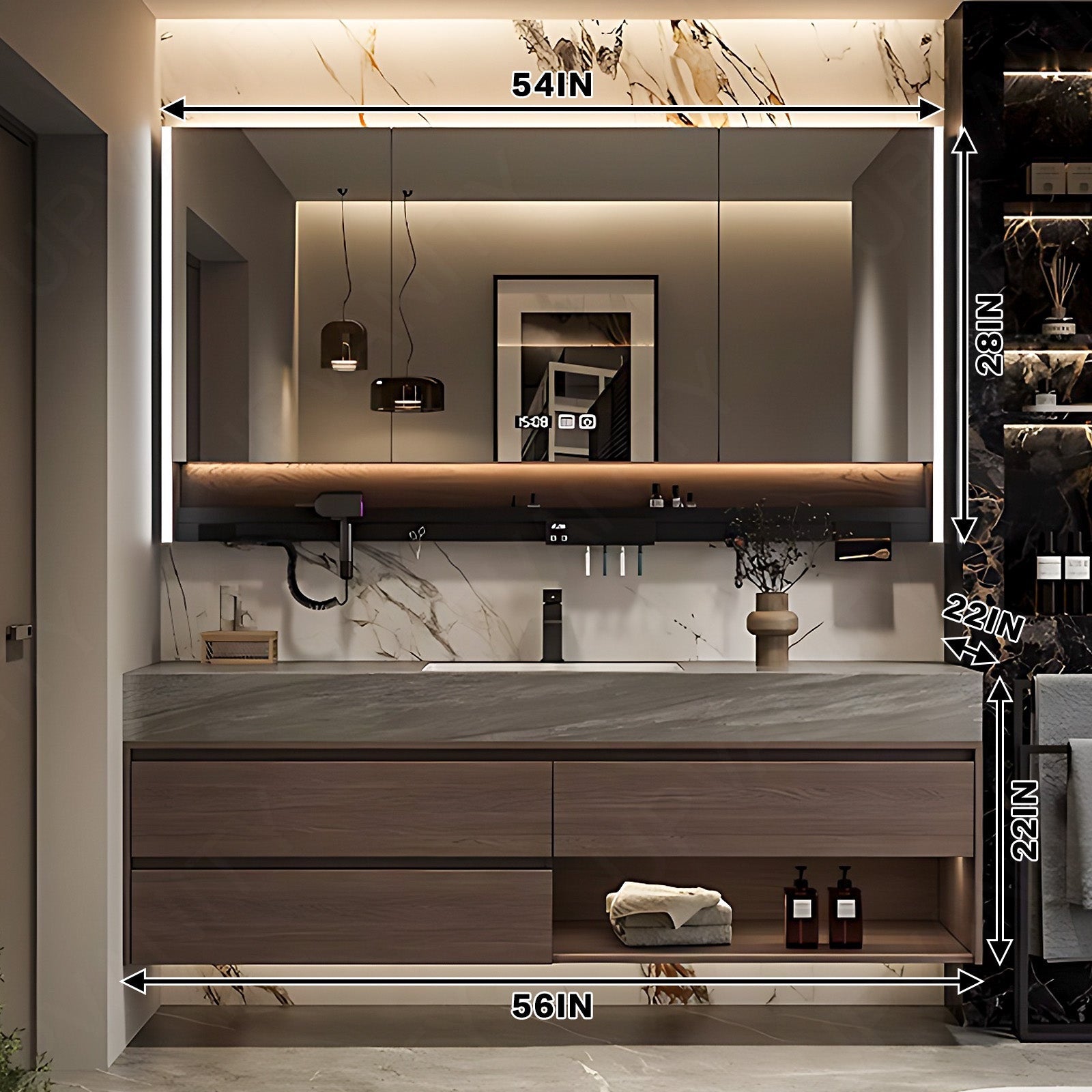 Modern Bath Vanity Set, Brown, Dark Finish, 36"- 64", Single, Floating, Storage Rack, Smart LED Mirror, Rear Cabinet