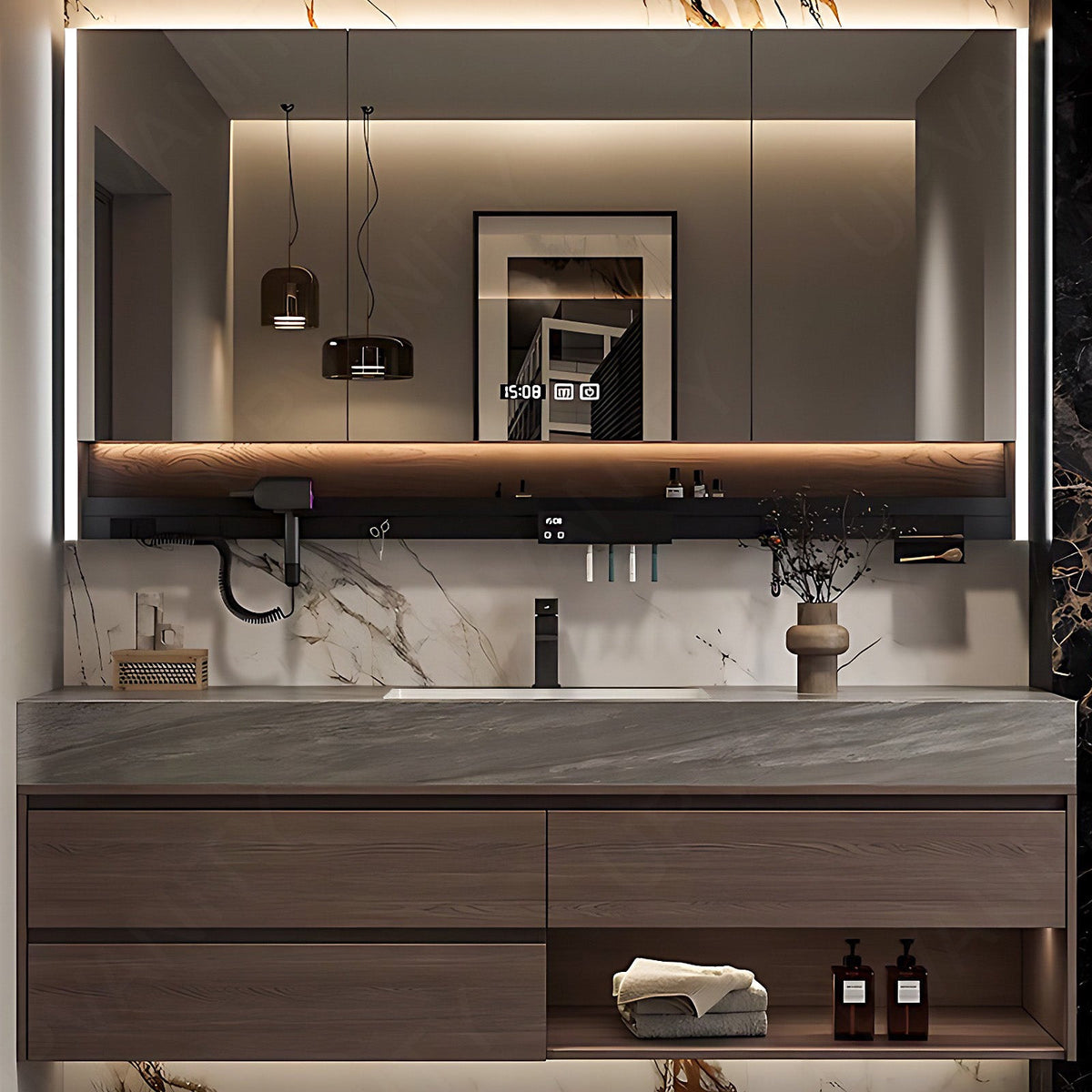 Modern Bath Vanity Set, Brown, Dark Finish, 36"- 64", Single, Floating, Storage Rack, Smart LED Mirror, Rear Cabinet