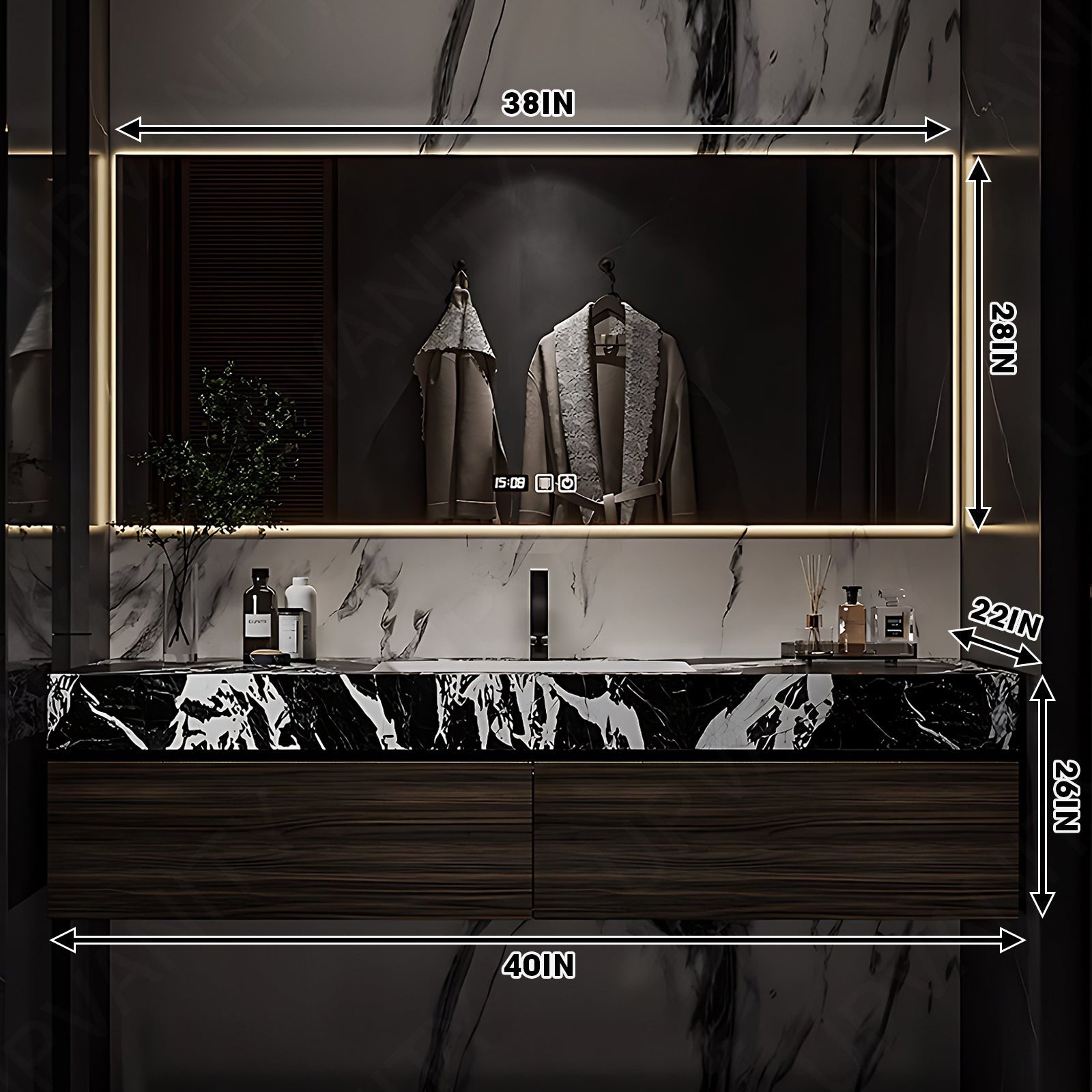 Modern Bath Vanity Set, Brown, Dark Finish, 40"- 72", Single, Floating, Black Marble Top, Smart LED Mirror