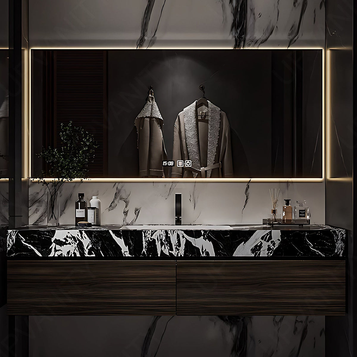 Modern Bath Vanity Set, Brown, Dark Finish, 40"- 72", Single, Floating, Black Marble Top, Smart LED Mirror