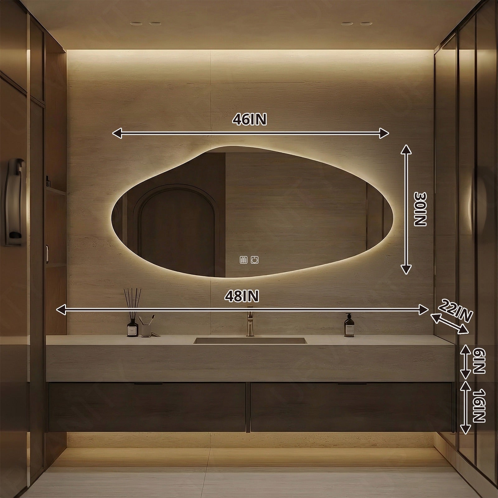Modern Bath Vanity Set, Brown, Dark Walnut, Beige Slate Top, 40" - 64", Single, Floating, Irregular Smart LED Mirror