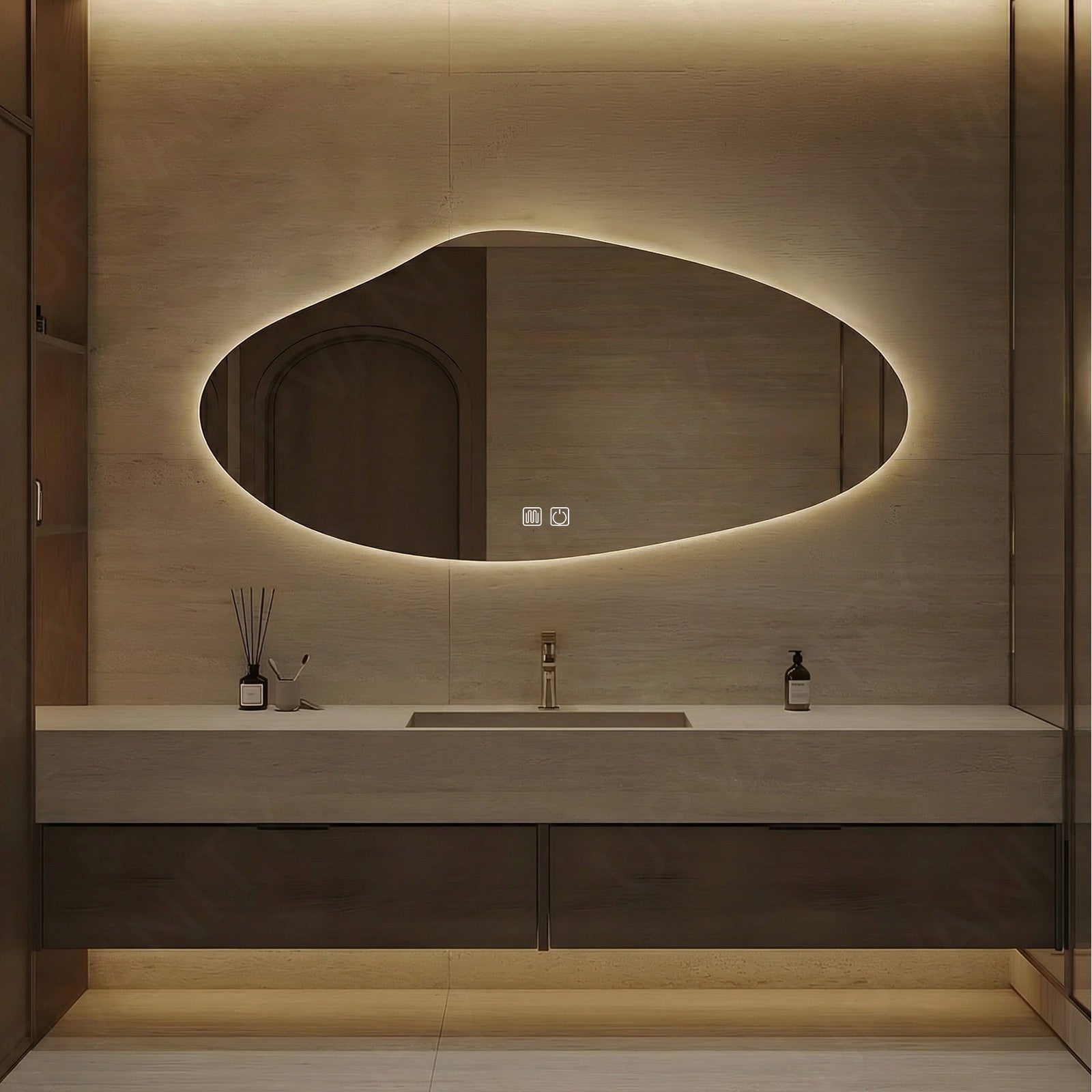 Modern Bath Vanity Set, Brown, Dark Walnut, Beige Slate Top, 40" - 64", Single, Floating, Irregular Smart LED Mirror