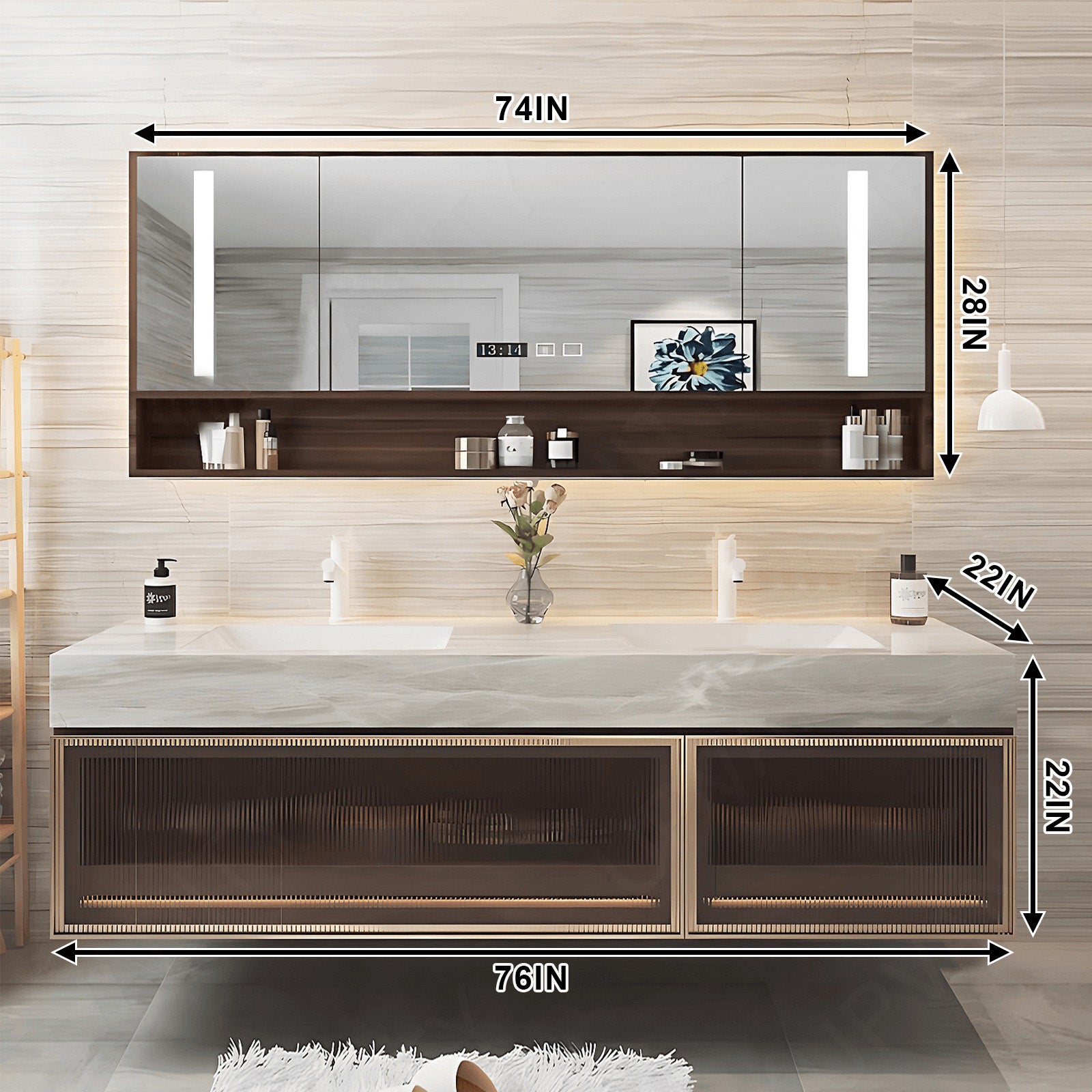 Modern Bath Vanity Set, Brown, Glass Door, White Marble Textured Top, 52"- 78", Double, Floating, Smart LED Mirror, Rear Cabinet