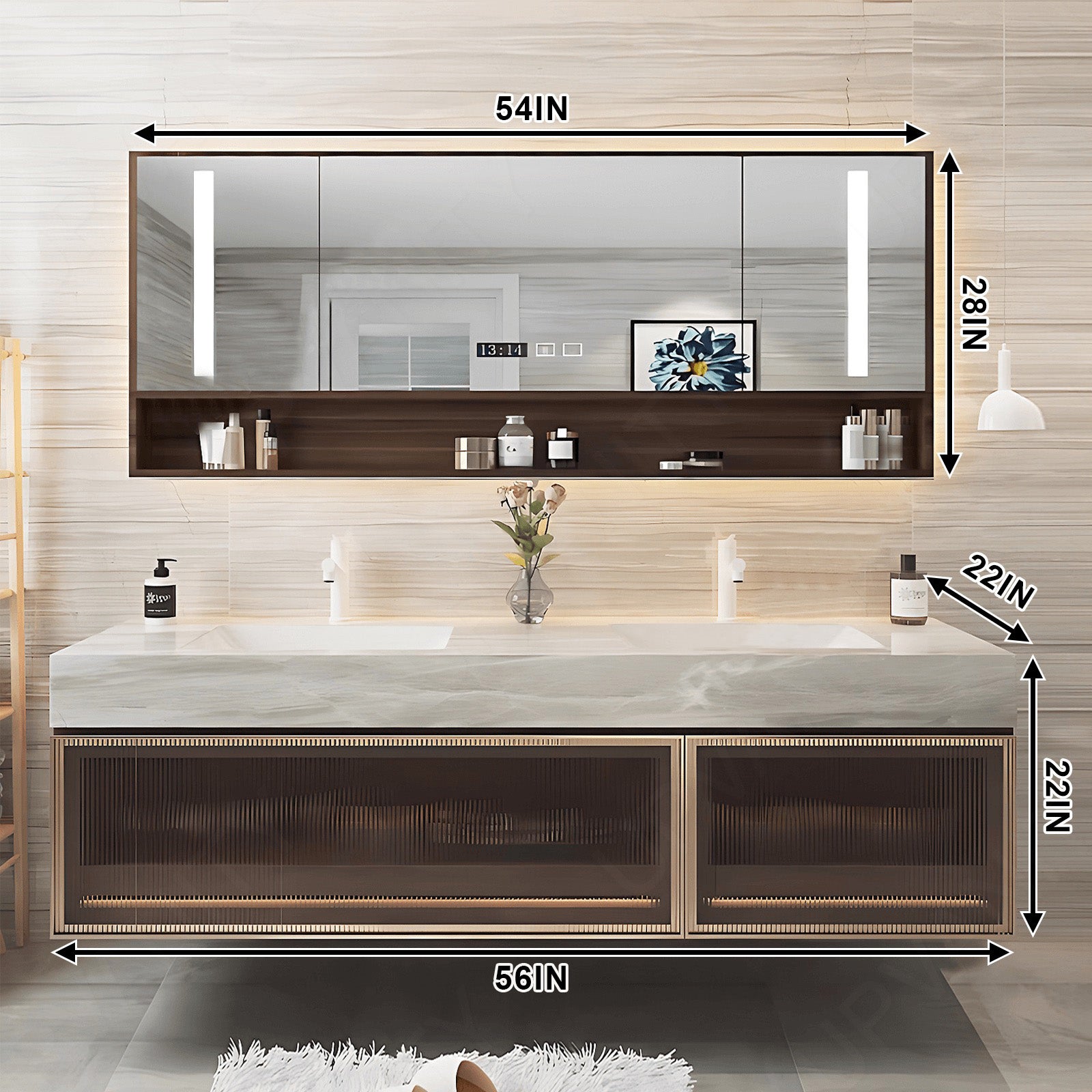 Modern Bath Vanity Set, Brown, Glass Door, White Marble Textured Top, 52"- 78", Double, Floating, Smart LED Mirror, Rear Cabinet