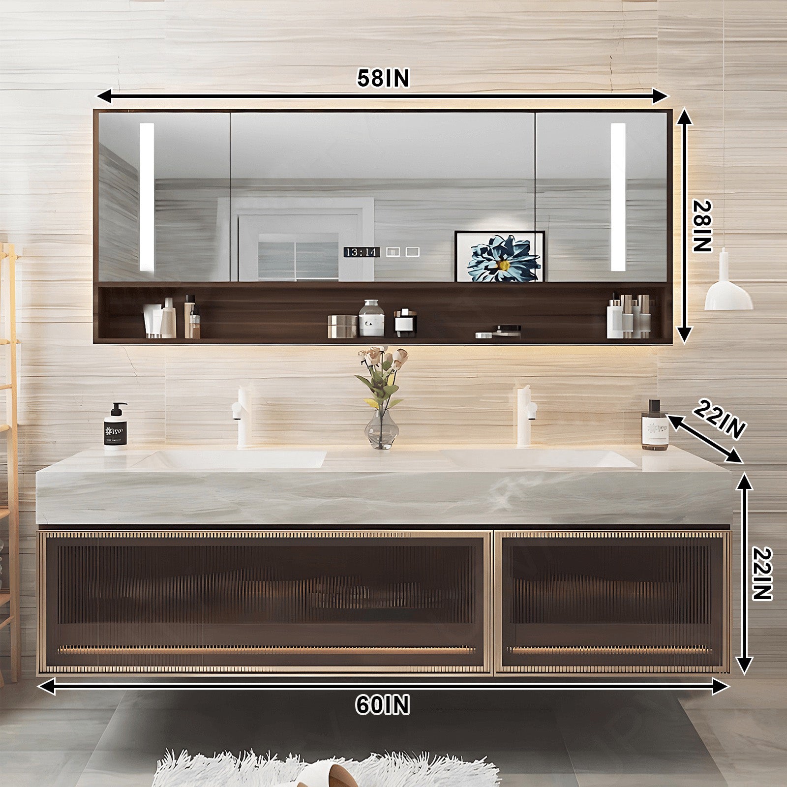 Modern Bath Vanity Set, Brown, Glass Door, White Marble Textured Top, 52"- 78", Double, Floating, Smart LED Mirror, Rear Cabinet