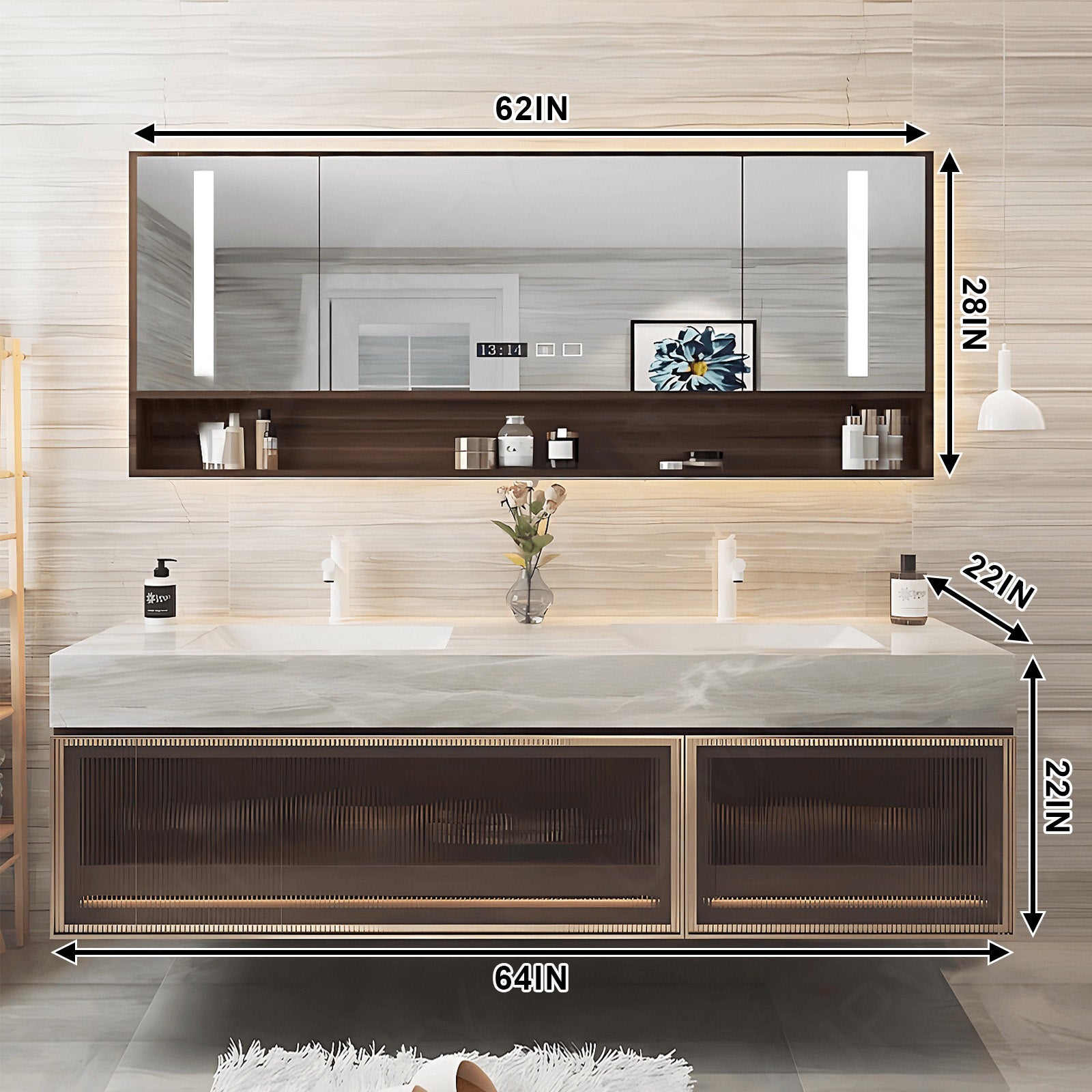 Modern Bath Vanity Set, Brown, Glass Door, White Marble Textured Top, 52"- 78", Double, Floating, Smart LED Mirror, Rear Cabinet