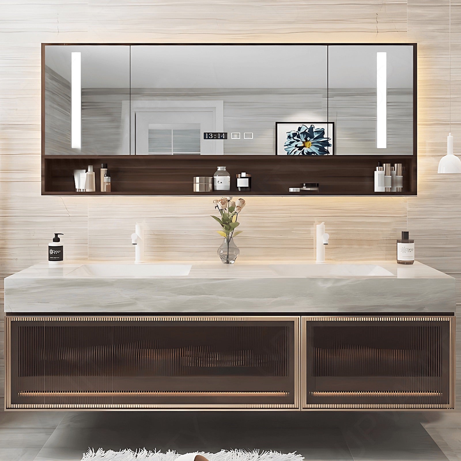 Modern Bath Vanity Set, Brown, Glass Door, White Marble Textured Top, 52"- 78", Double, Floating, Smart LED Mirror, Rear Cabinet