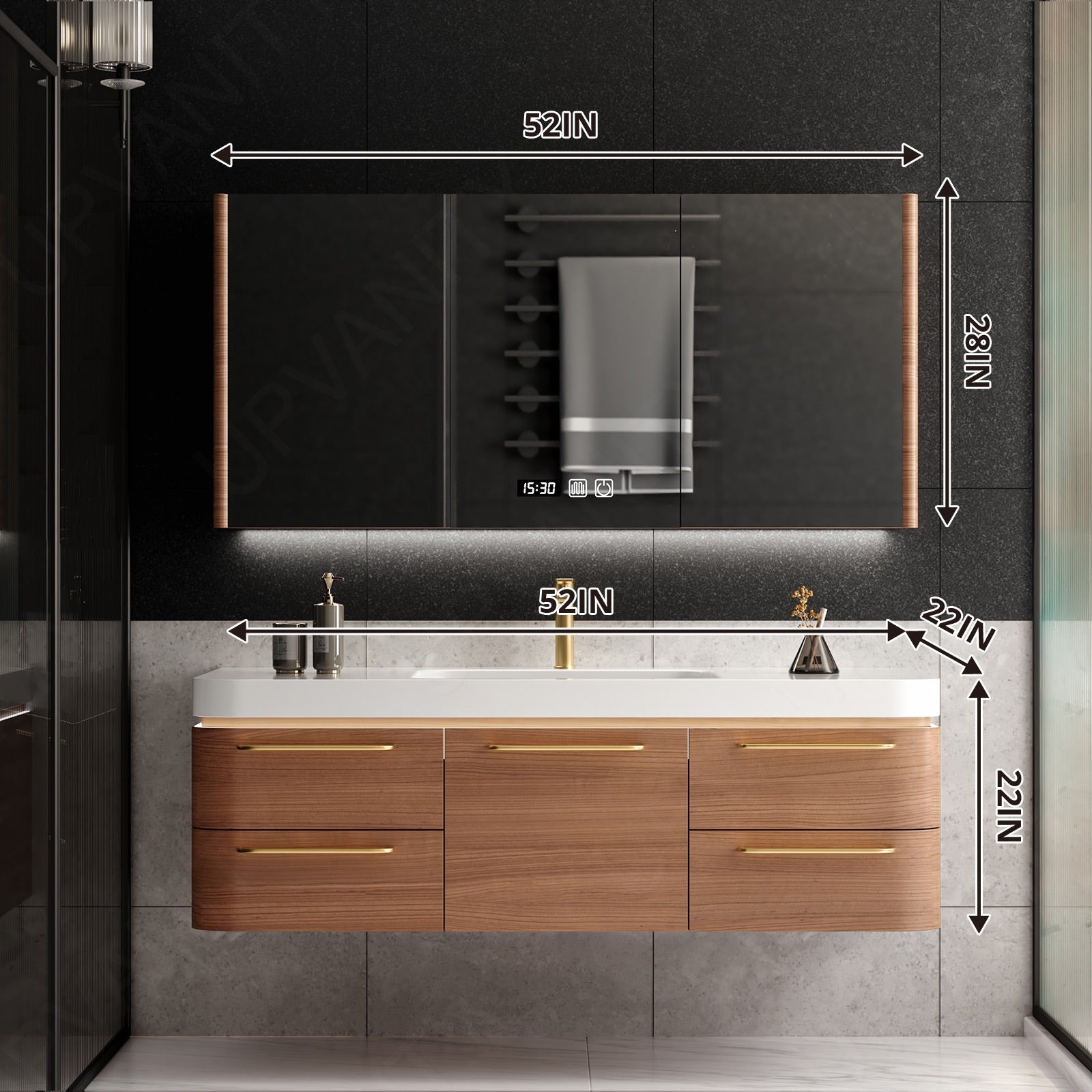 Modern Bath Vanity Set, Brown, Gold Accents, 40"-64", Single, Floating, Smart LED Mirror, Rear Cabinet, Sensor Light